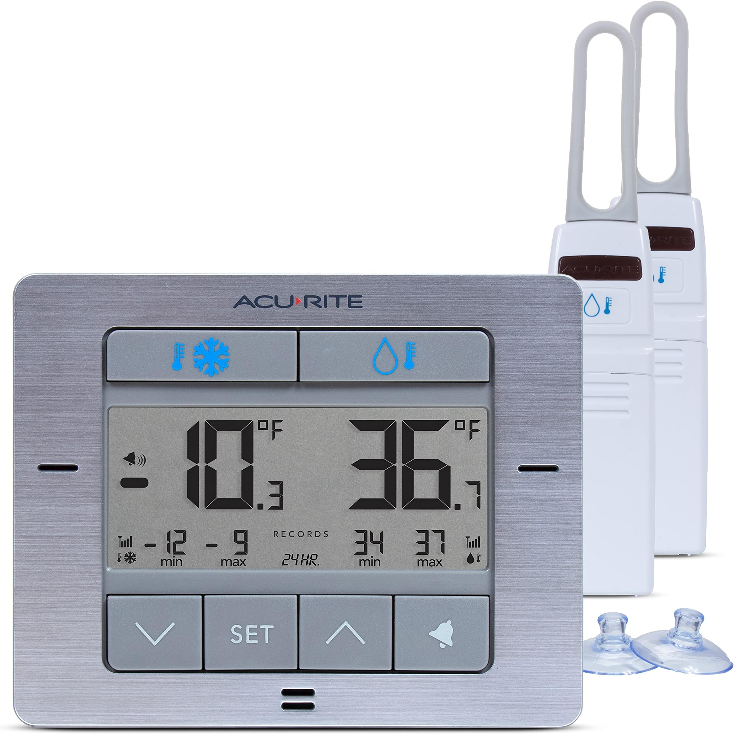 Digital Wireless Fridge and Freezer Thermometer with Alarm and Max/Min Temperature for Home and Restaurants (00515M), Stainless Steel Finish, 4.25" x 3.75"