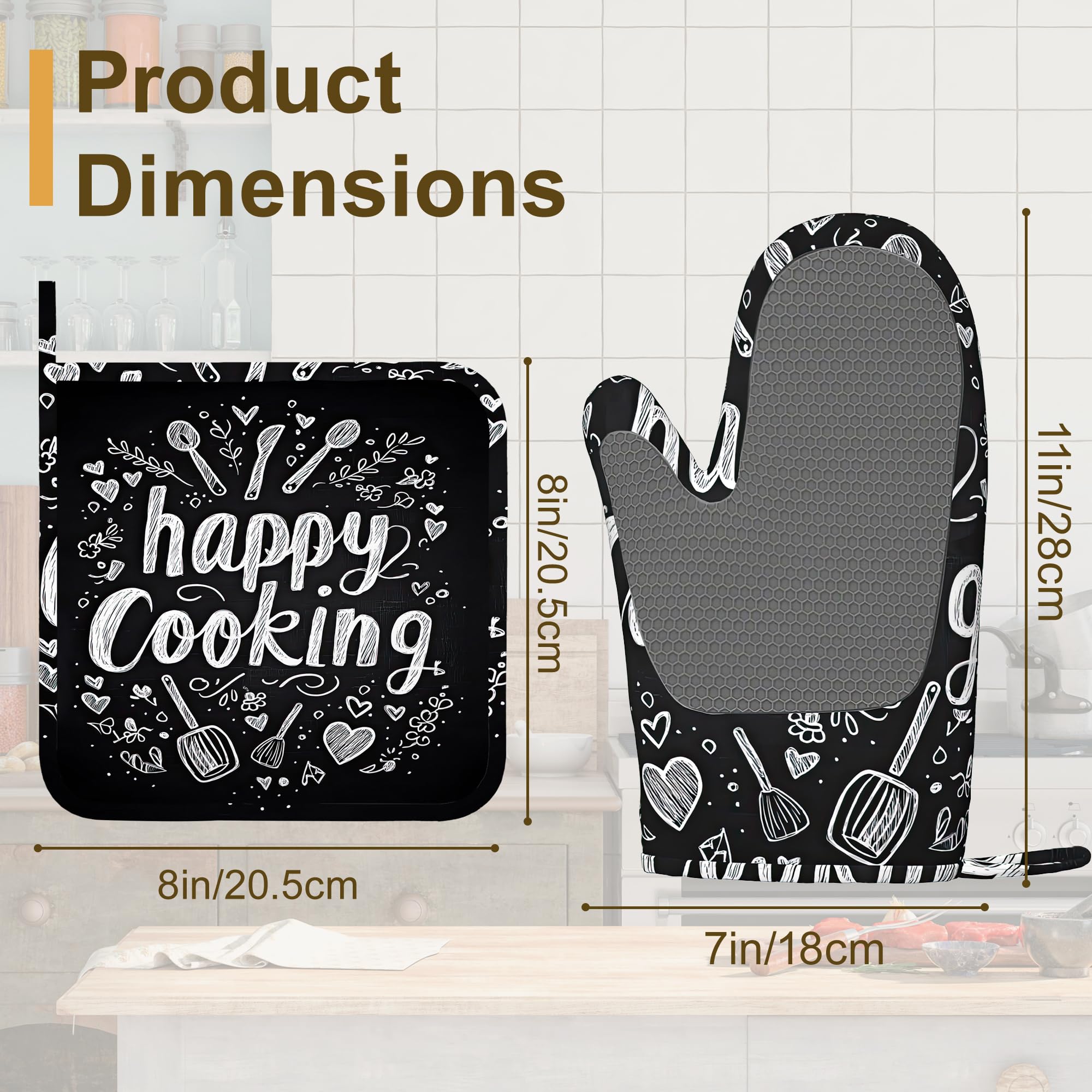Happy Cooking - Juego de 4 manoplas de horno y soportes para ollas, guantes de cocina resistentes al calor con silicona antideslizante para hornear, cocinar, barbacoa