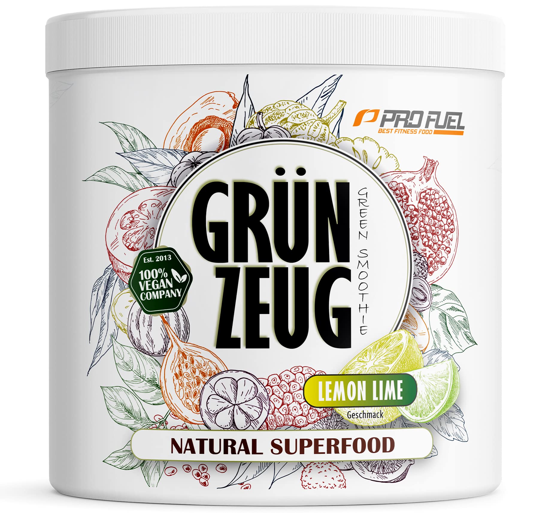 Superfood Drink Pulver ZITRONE-LIMETTE 300g - natürliche Vitamine, Mineralstoffe & Antioxidantien - das Beste aus über 40 Sorten Obst, Gemüse, Algen und Gräsern - GRÜNZEUG Smoothie Pulver - 100% vegan
