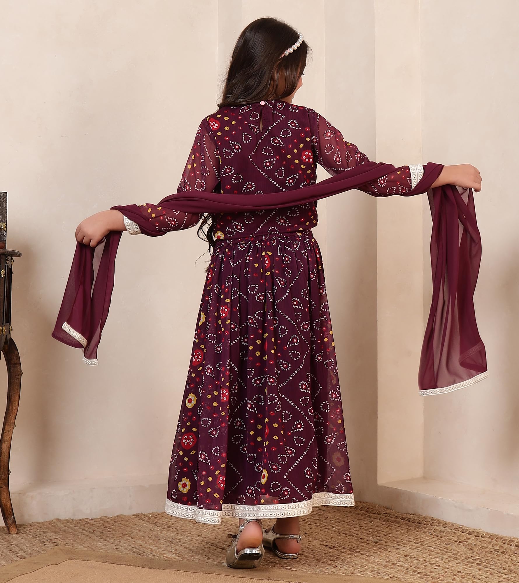Bugandbees Bandhani Chiffon Top & Skirt With Dupatta|V Neck Full Sleeves Fusion Wear Flare d Co-Ord Set for 3 Years to 13 Years Kids|Festive Casual Wear Latest Collection (BBCO00000358_3-4Y_Wine) 3