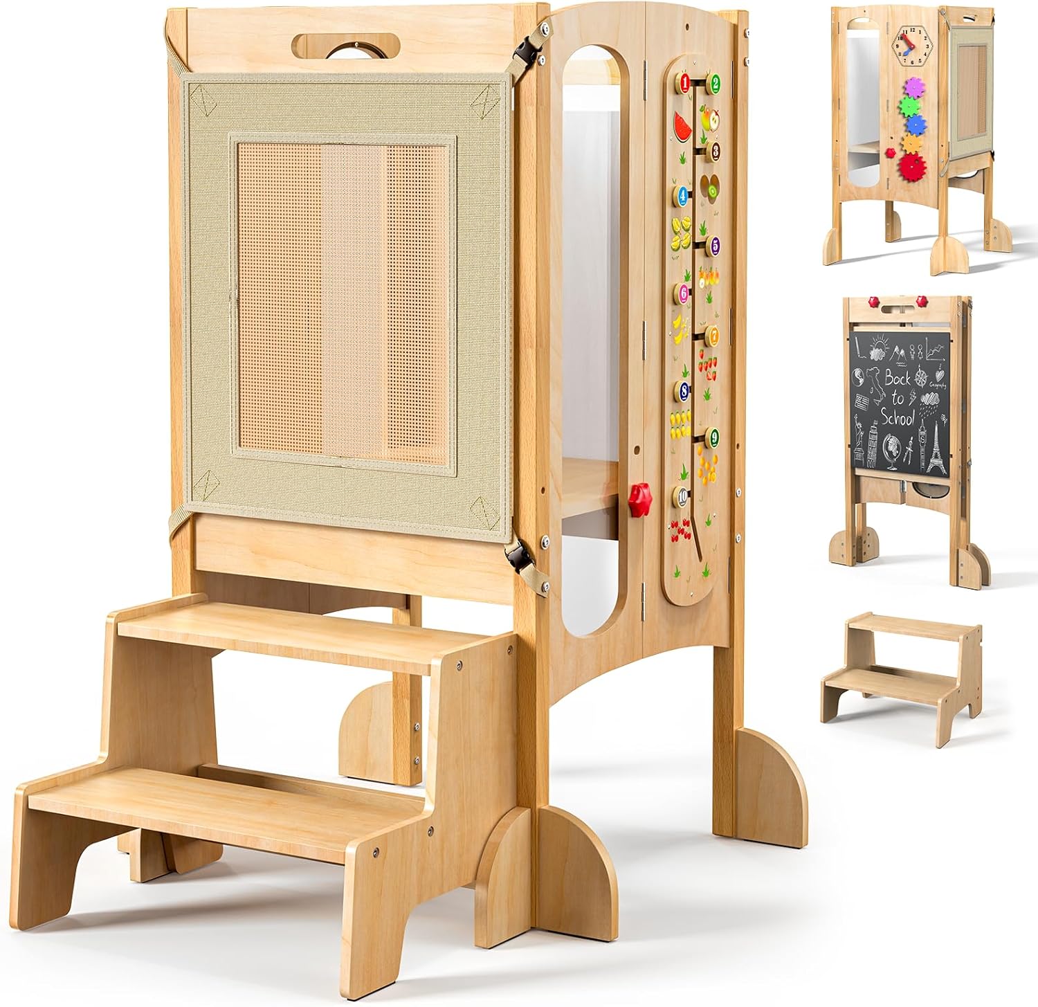 FlyingBoom Foldable Toddler Tower, Kitchen Stool Helper with 2 Step Stool, Toddler Standing Tower for Kids with Safety Net, Adjustable Height, Chalk-Whiteboard &Montessori Activity Games Natural Wood