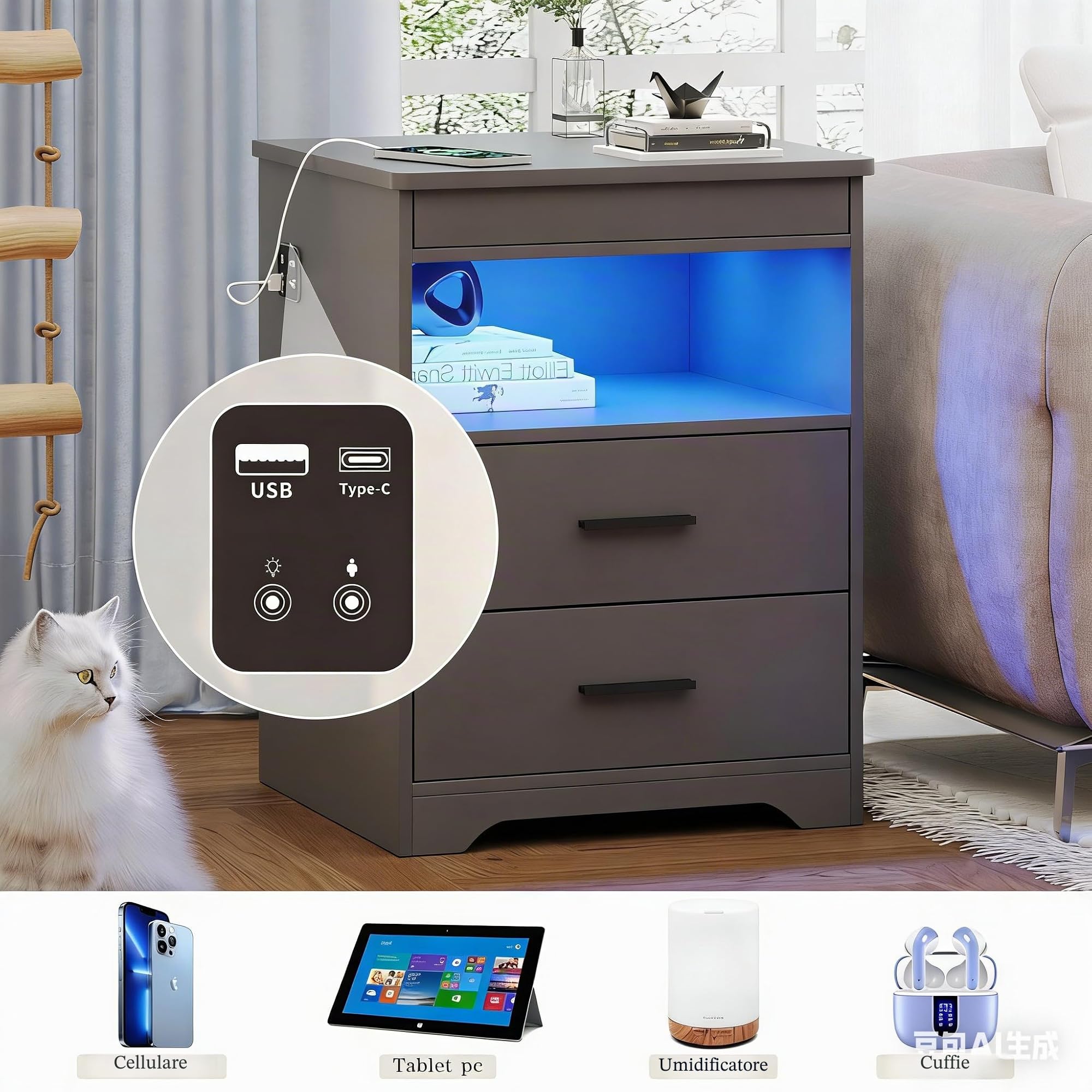 FREDEES Comodino LED con cassetto nascosto, Comodino con stazione di ricarica e luci a sensore umano a 3 colori, Comodino moderno con spazio di archiviazione, Grigio