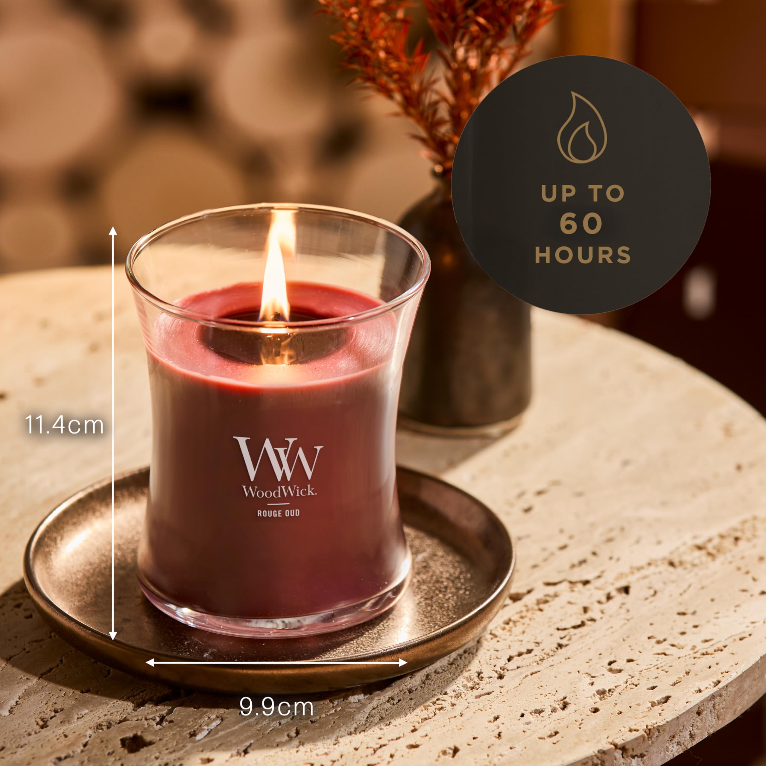 WoodWick Bougie parfumée avec mèche crépitante Rouge Oud Sablier moyenne