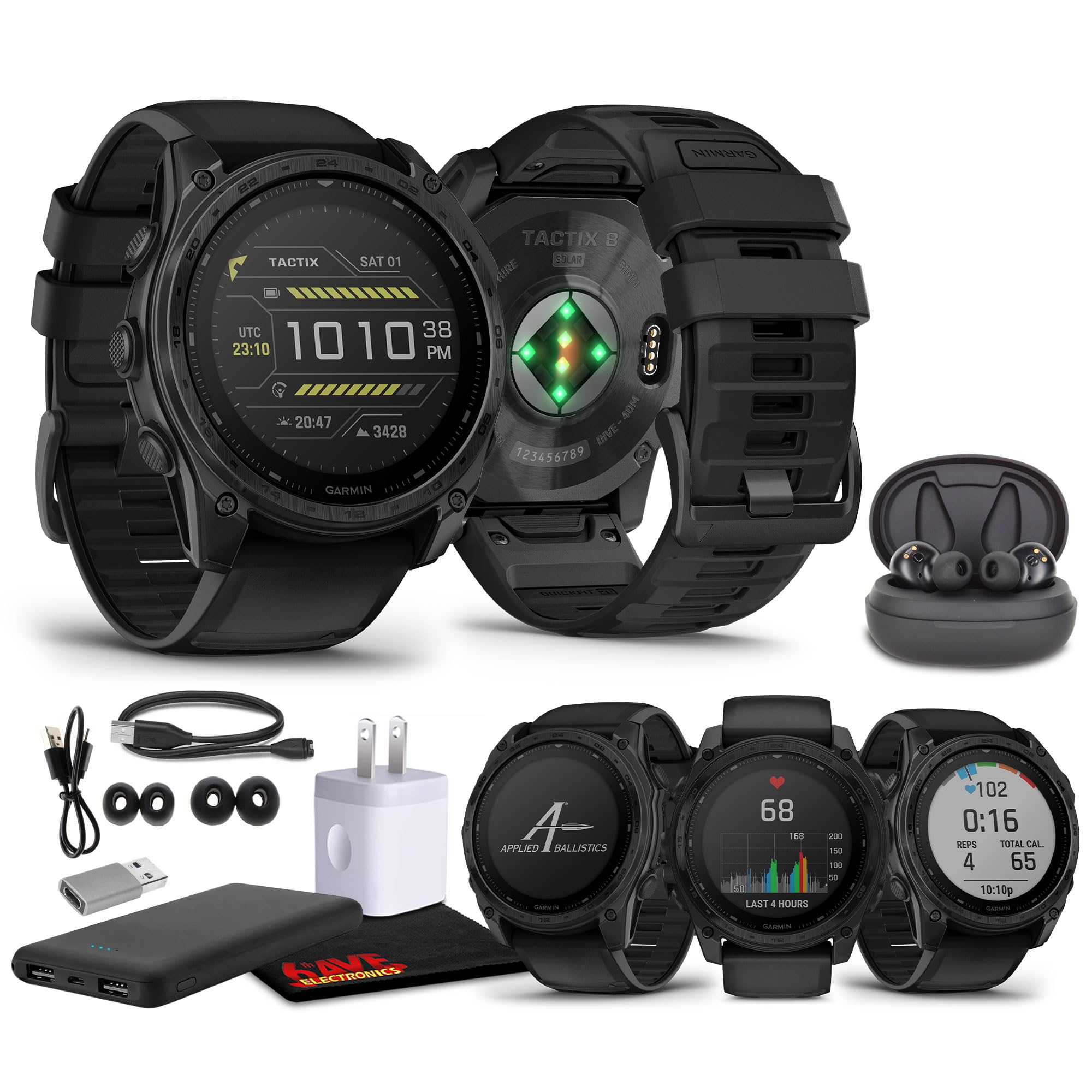 Garmin Tactix 8 51mm Solar Charged Display Elite Premium Tactical GPS Smartwatch, Includes Applied Ballistics Elite Solver, Built-in Flashlight, 48 Days Battery Life Bundle + Earbuds and More