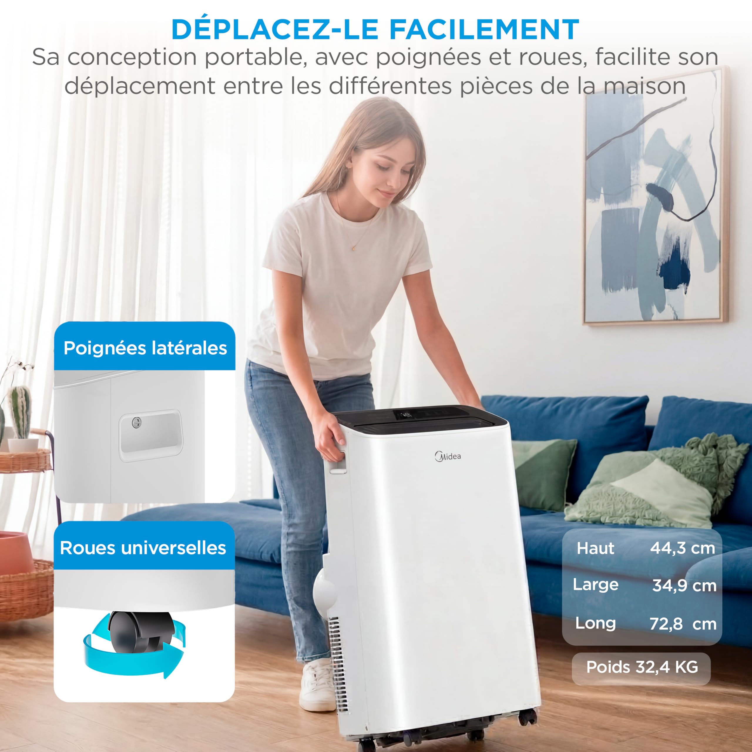 MIDEA Climatiseur Mobile Silencieux 12000 BTU avec Évacuation - Chauffage et Climatisation Portable Prêt à Poser 3500W - Clim Réversible Split Mobile - Kit de Fenêtre, App Control et Pompe a Chaleur