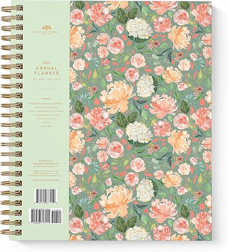 Bright Day - Agenda anual floral 2024 de Bright Day, anual, mensual, semanal, diario, encuadernada en espiral, agenda fechada, tapa flexible,