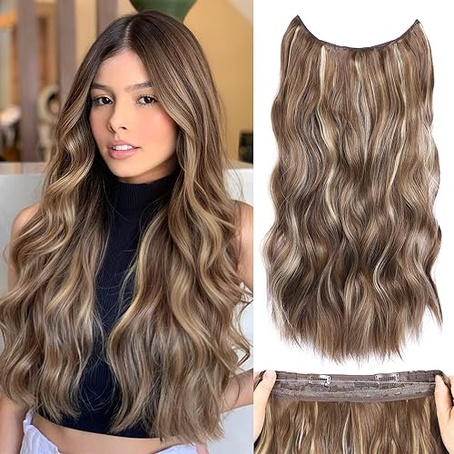 Miniatura 1 de Extensiones de cabello castaño oscuro, cabello ondulado con alambre invisible con diadema transparente de tamaño ajustable, 2 clips de seguridad,