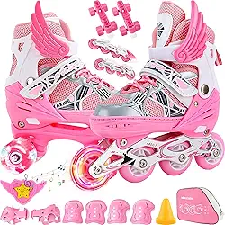 2 Em1 Patins Infantil Ajustável, Patins 4 Rodas, Patins Quad, Patins Infantil Menina, Ajustável com Bolsa e Kit Proteção, Para meninas, meninos e iniciante, Rosa P (28-32)