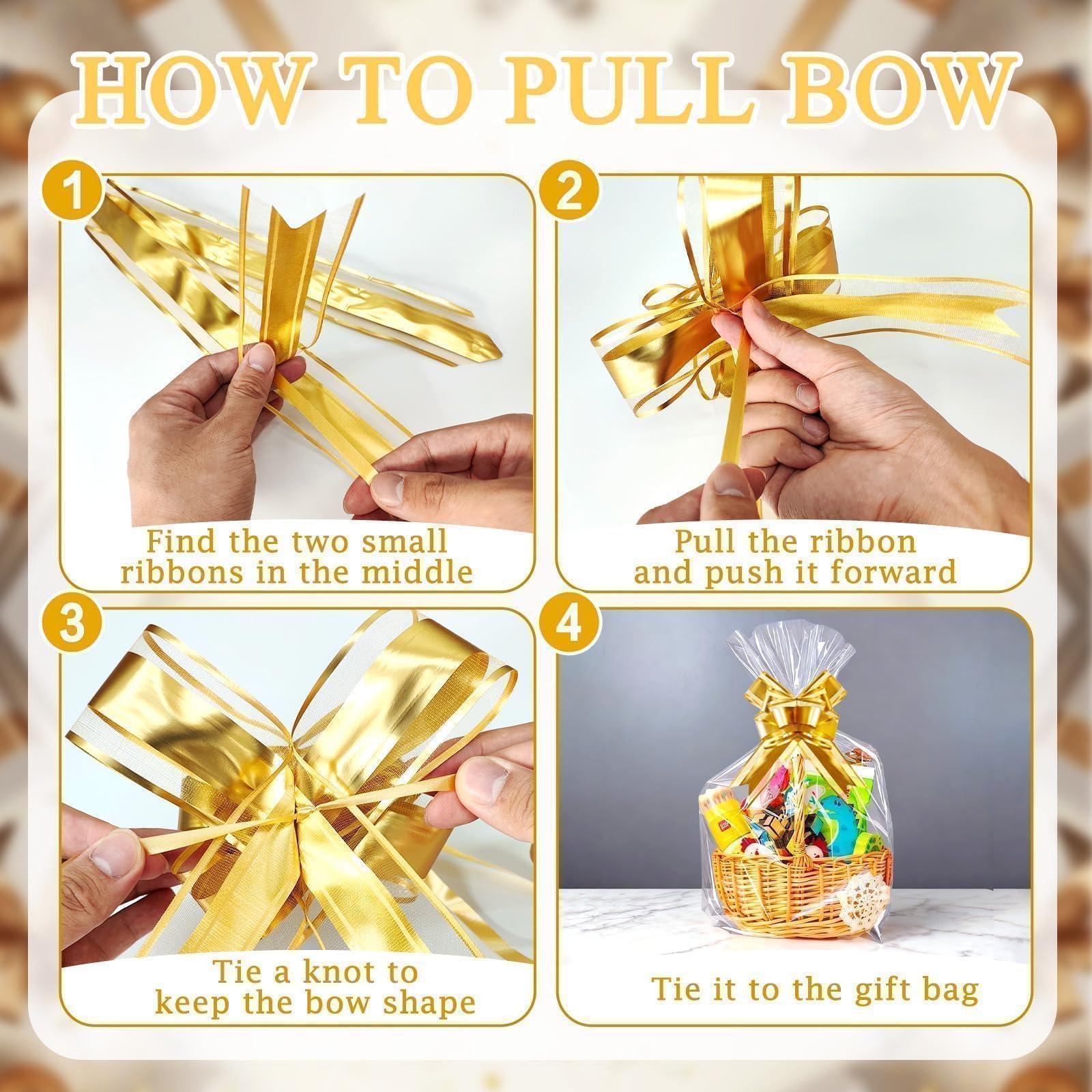 PigPotParty 10 Pack 24x30 Inch Large Cellophane Bags for Gift Baskets, Thick Clear Plastic Basket Wrap, Includes 10 Large Gold Pull Bows