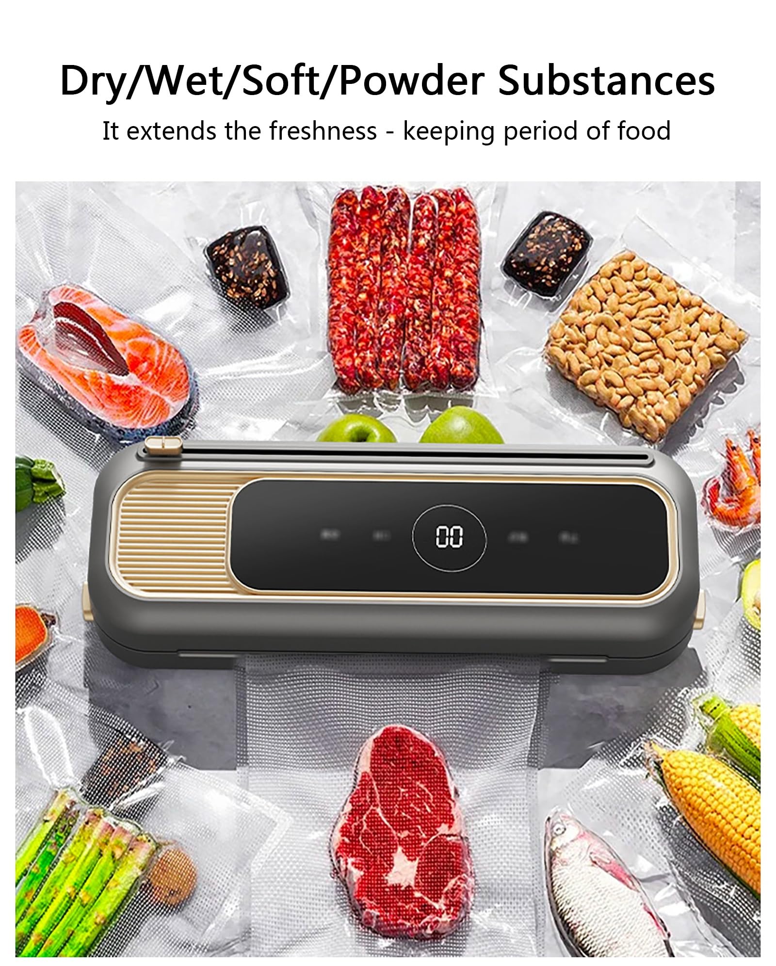 Vacuum Sealer Machine for Food Storage, 65kPa Powerful Seal with Cutter, Compact Food Preserver for Dry, Wet, Oil & Powder (Gray/White/Black)(Gray)