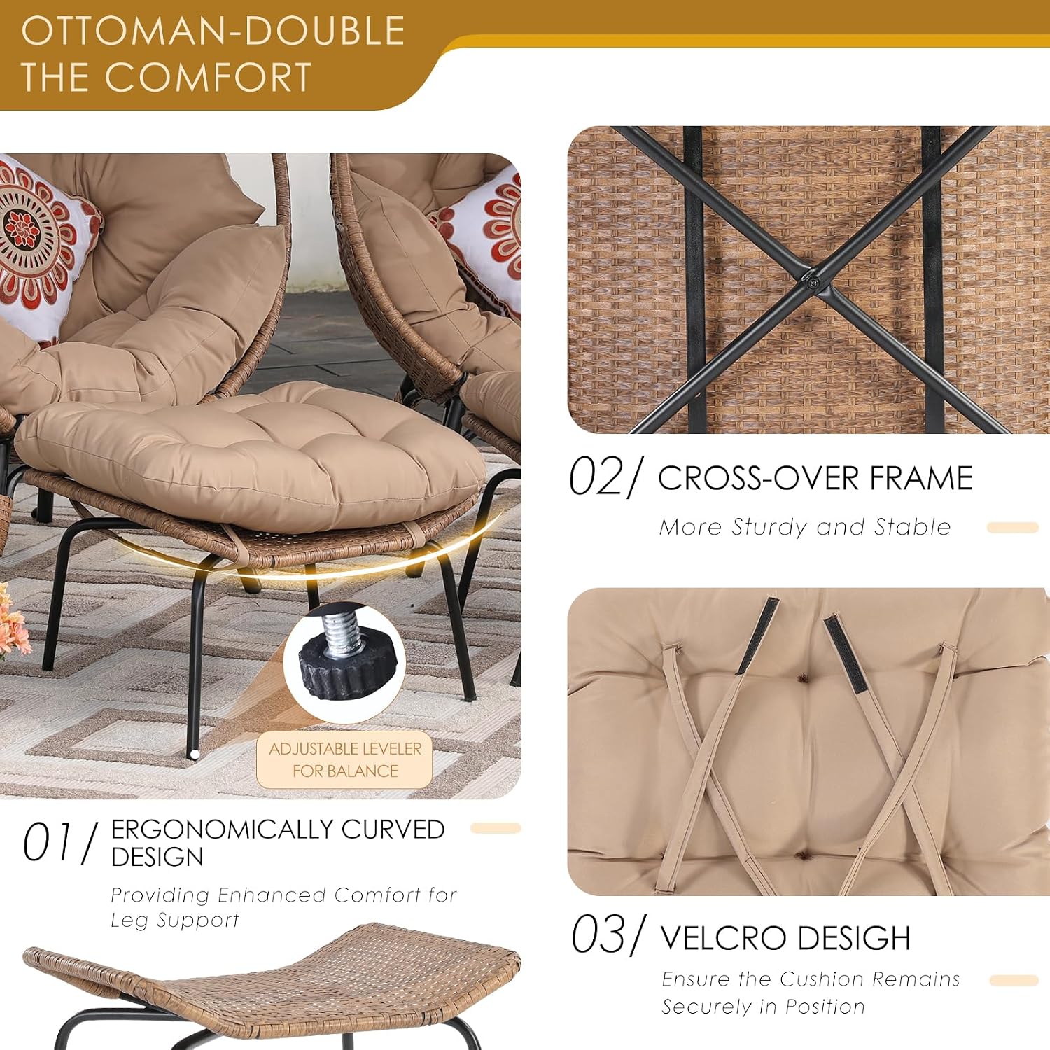 NICESOUL Outdoor Egg Chair w/Ottoman, Oversized Egg-Shape Chair with Cushion Set of 2, Double Egg-Seat 440lbs for 2 Person, Bohemian Style Cozy Lounger for Patio, Indoor, Living Room, Relax, Brown