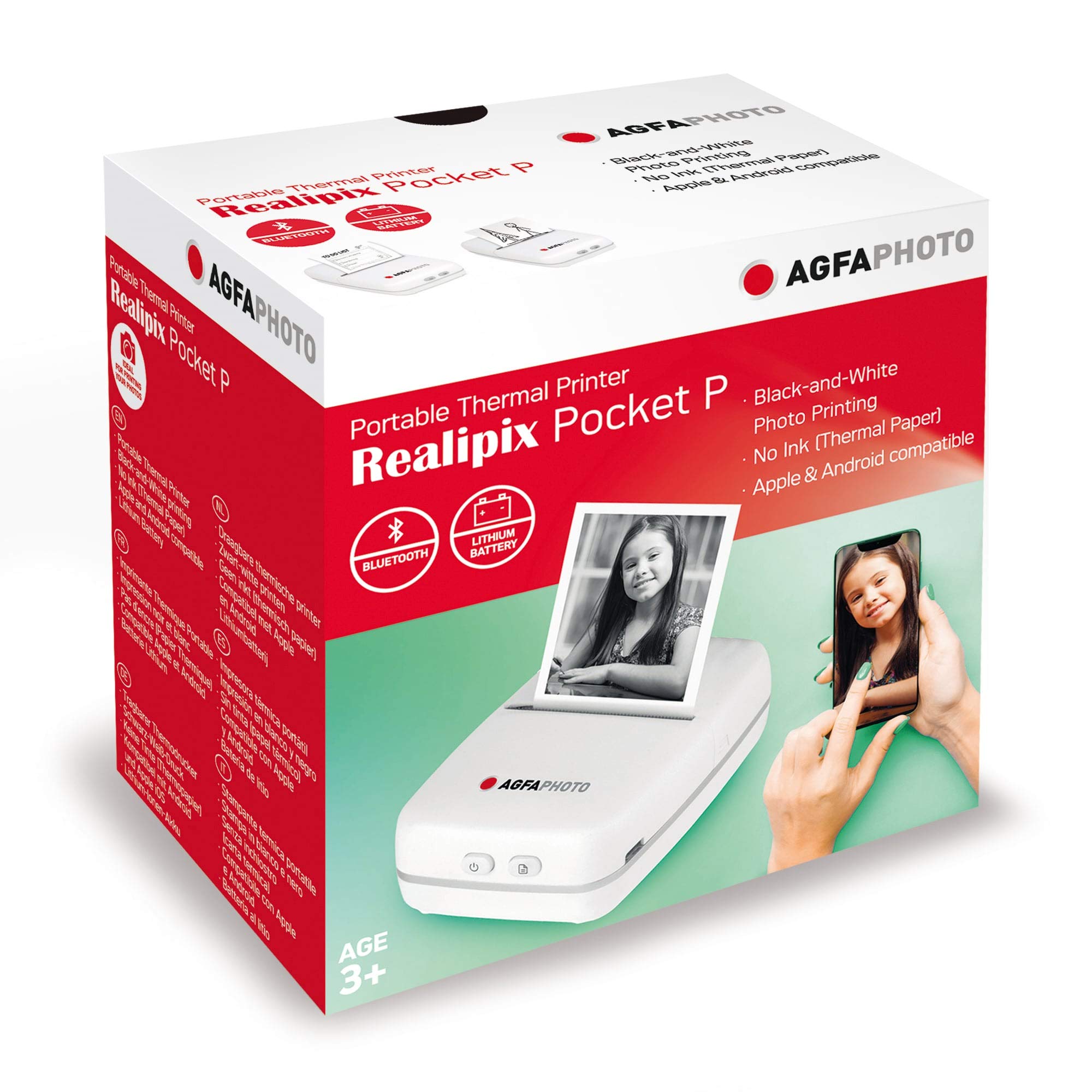 AgfaPhoto Realipix Pocket P – Imprimante Photo Thermique Portable (Impression Noir et Blanc sans Encre, Bluetooth, Batterie Lithium) Blanc