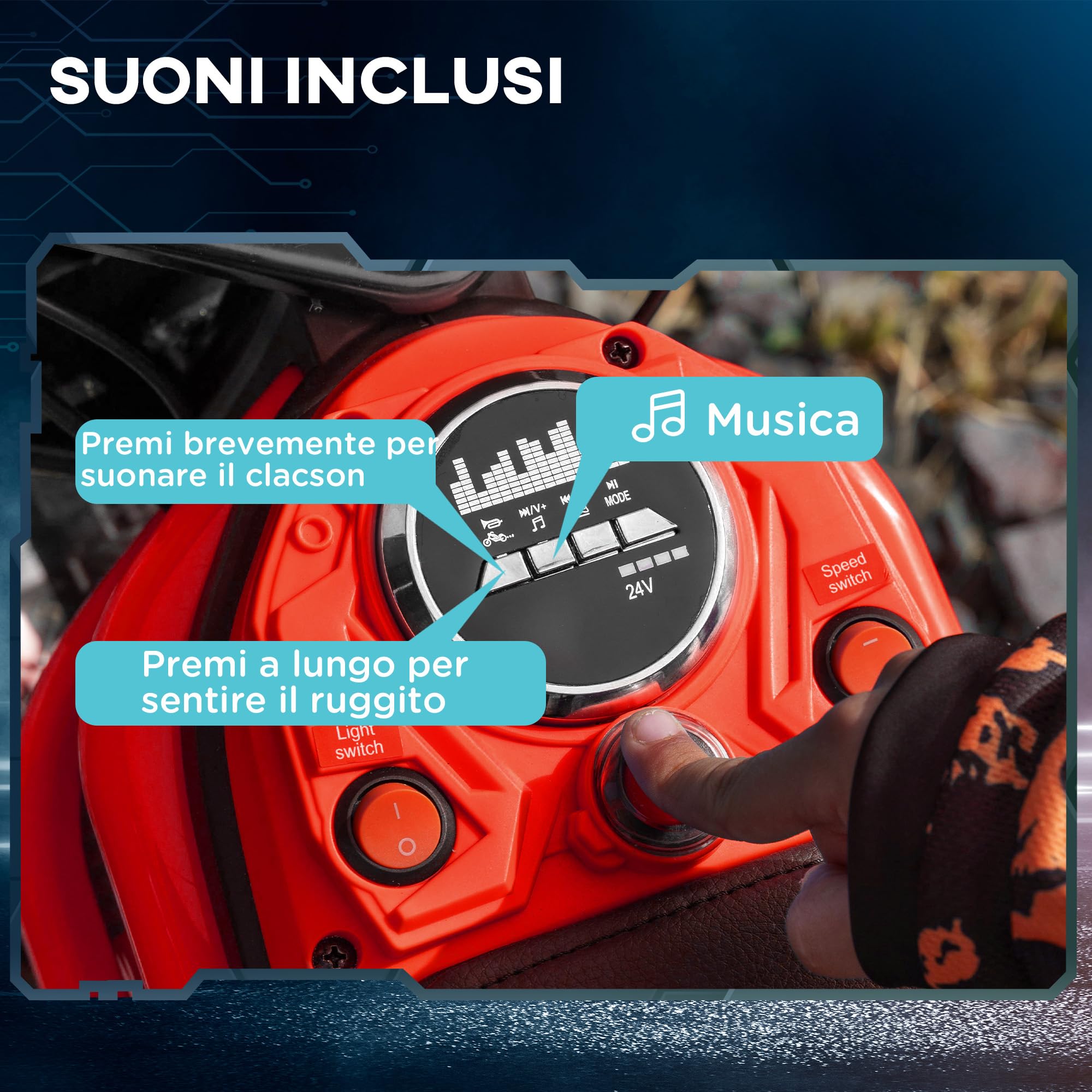 HOMCOM Moto Elettrica Bambini 24V 8-12 Anni Mini Cross con Sospensione Luci Suoni 2 Velocità 8-16km/h Ruote 30.5cm Rosso