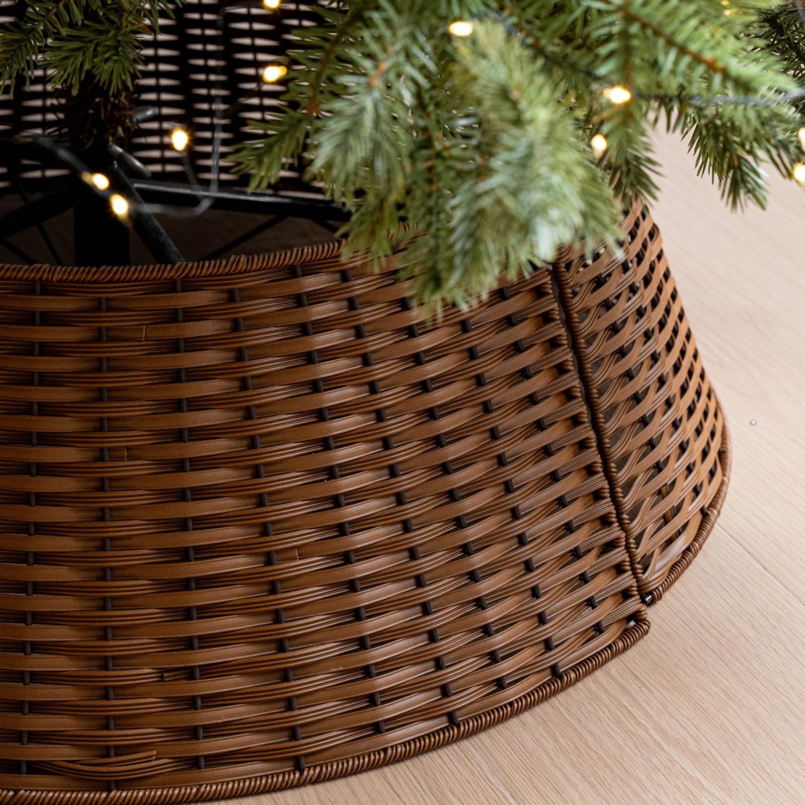 Odot Jupe de Sapin de Noël Rotin 120-150cm, Jupe de Sapin de Noël Osier Cache-Pied de Sapin Tressé en Rotin pour Support de Décoration de Fête à La Maison de Vacances (Beige Blanc,58 * 75 * 26cm)
