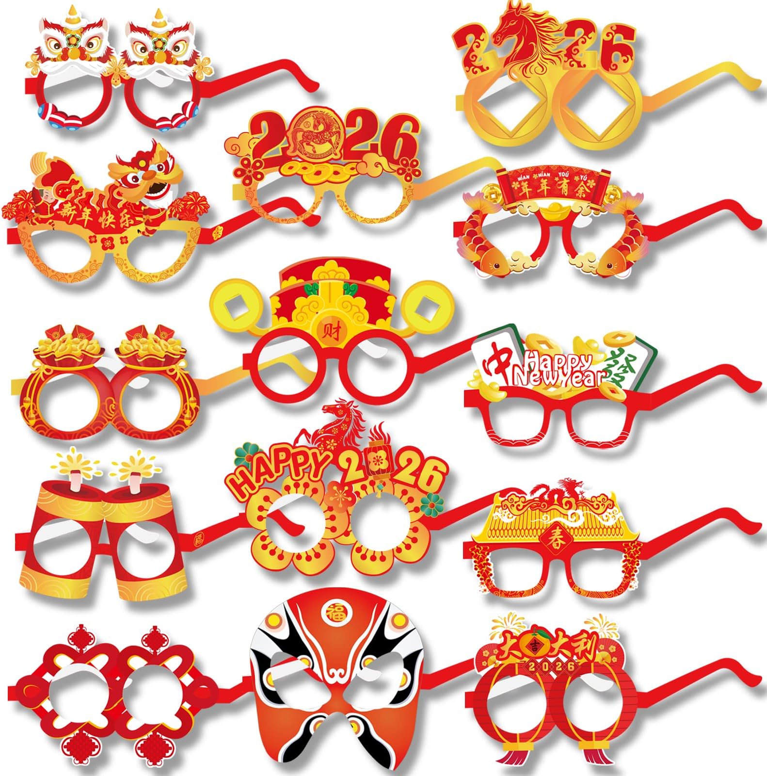HOWAF 28Pcs Chinese New Year Glasses for Chinese New Year Decorations 2026, Lunar New Year 2026 Horse Lantern Glasses Photo Props for Kids Adults Spring Festival Fancy Dress Costume Decoration, Red