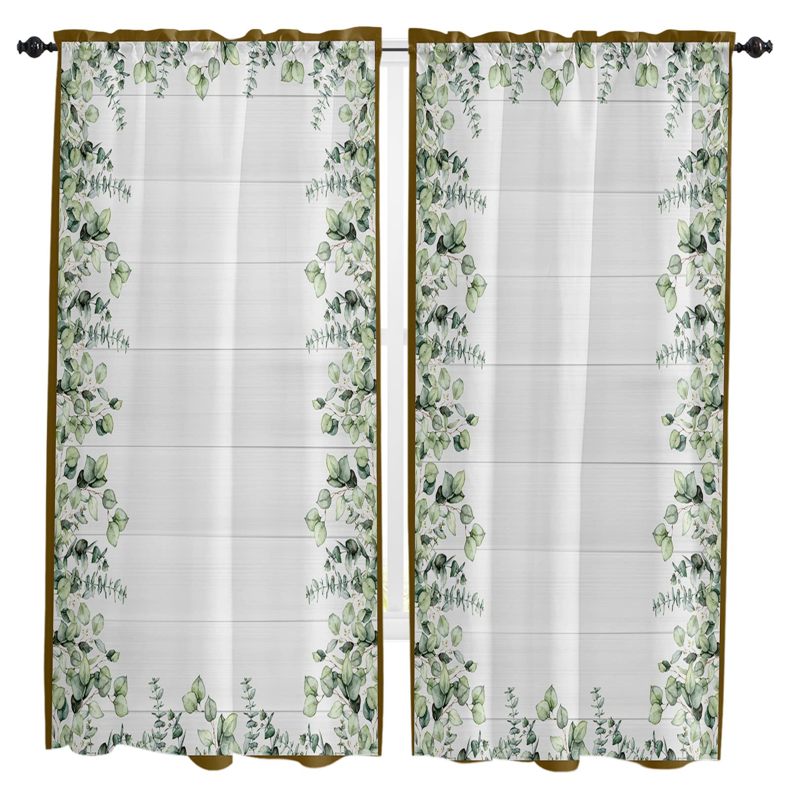 Window Curtain Panels Set of 2, Summer Eucalyptus Plant Rod Pocket Curtain Drapes for Kitchen Bedroom Living Room, Machine Washable Drapery Window Valances, 52x72inch, Rustic Wood Leaf