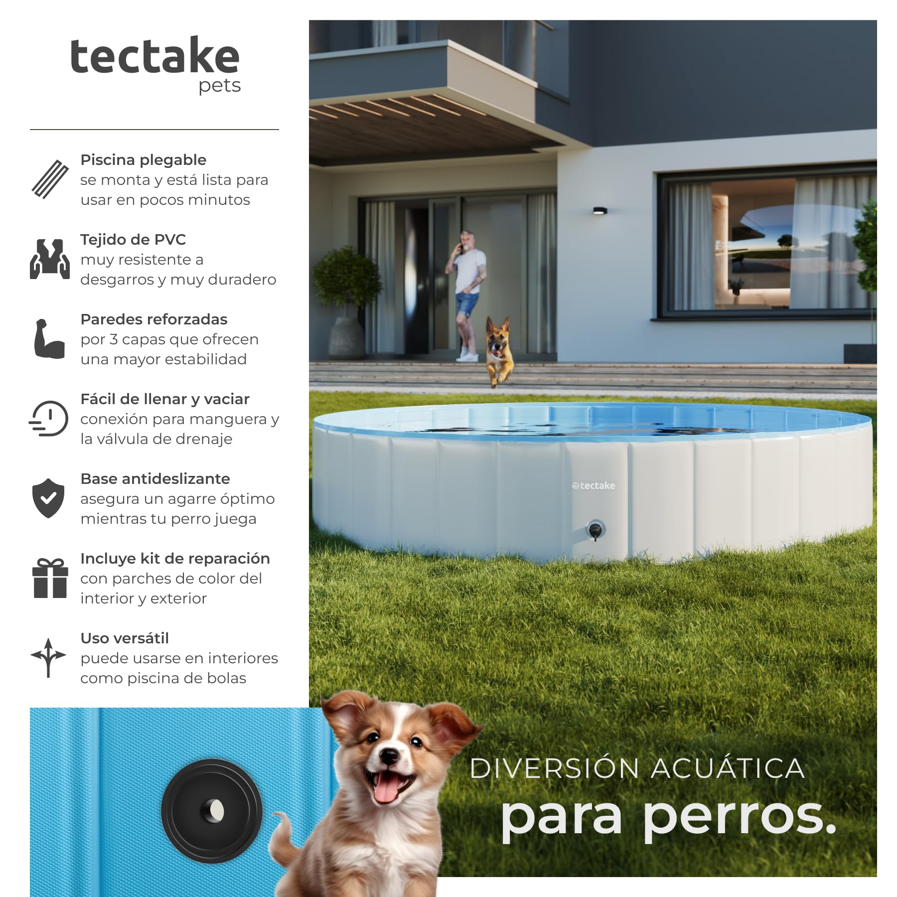 tectake® Piscina Plegable para Perros, Piscina Mascotas, Bañera para Perros, PVC Resistente, Plegable para Gatos, Pet Pool, Bañera Desmontable Antideslizante, Accesorios Perro - 160 cm
