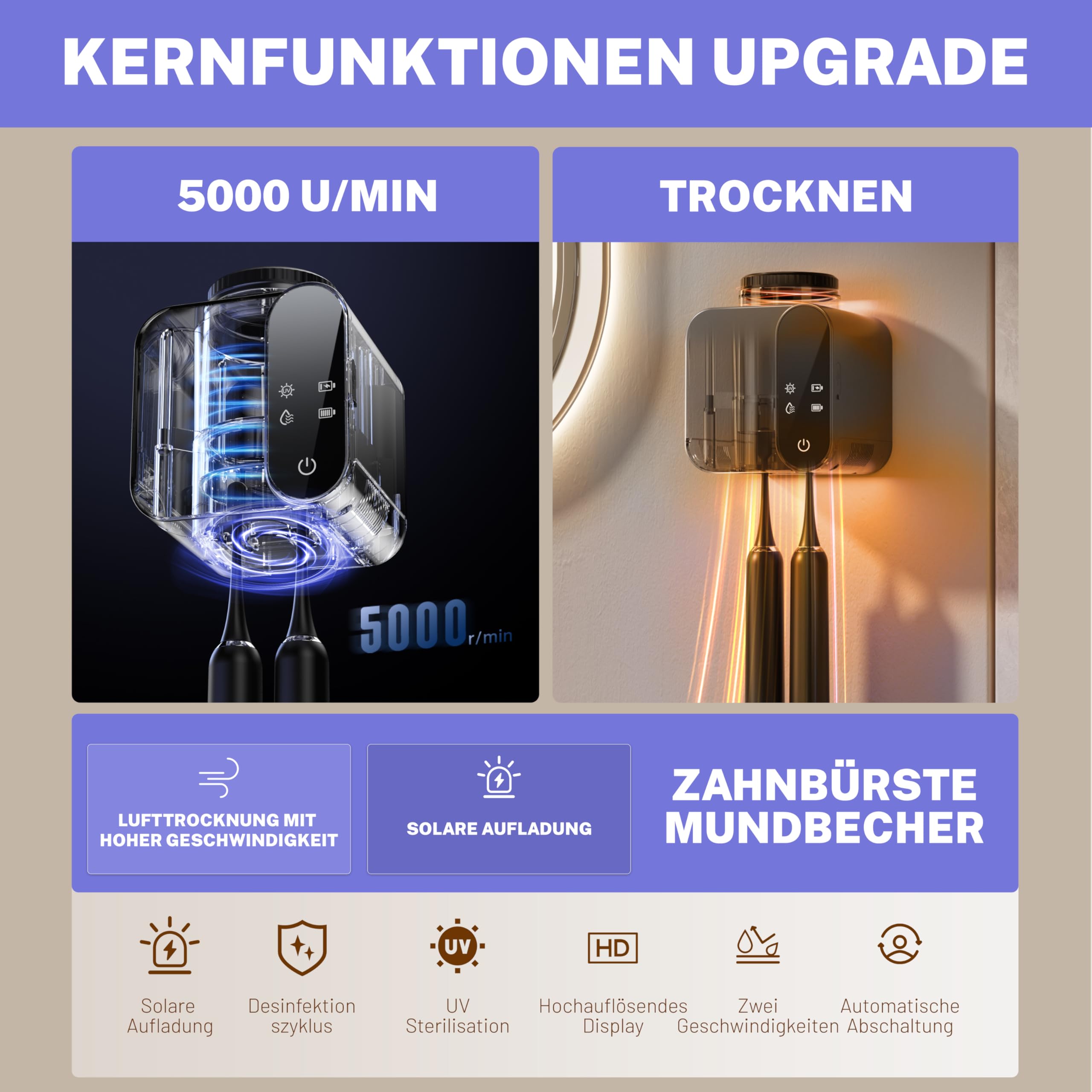 Justup Zahnbürstenhalter – LED-Bildschirm, Automatische Reinigung & Trocknung, Aufladbar, Wandmontiert