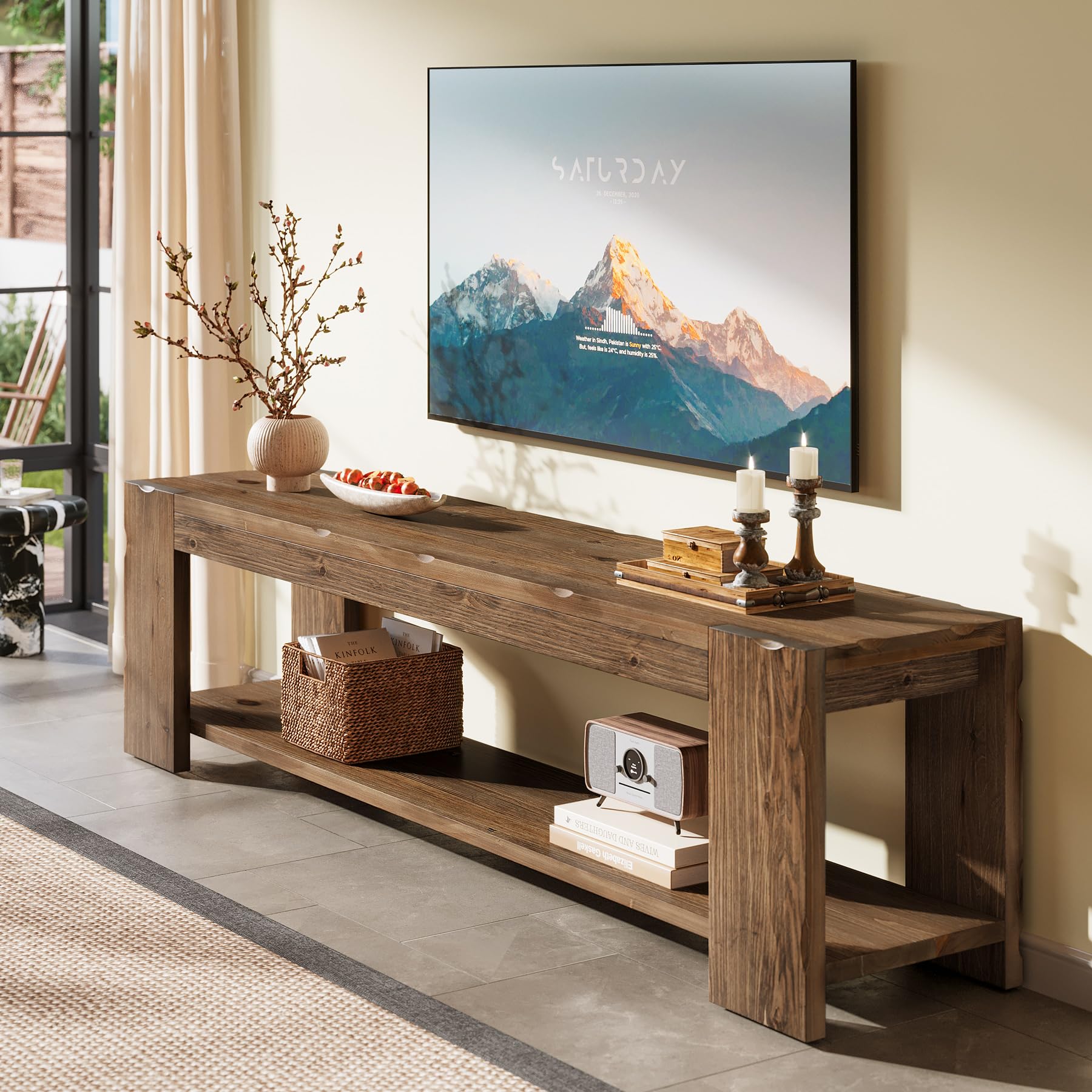 Meuble bas en bois massif marron rustique 140 cm