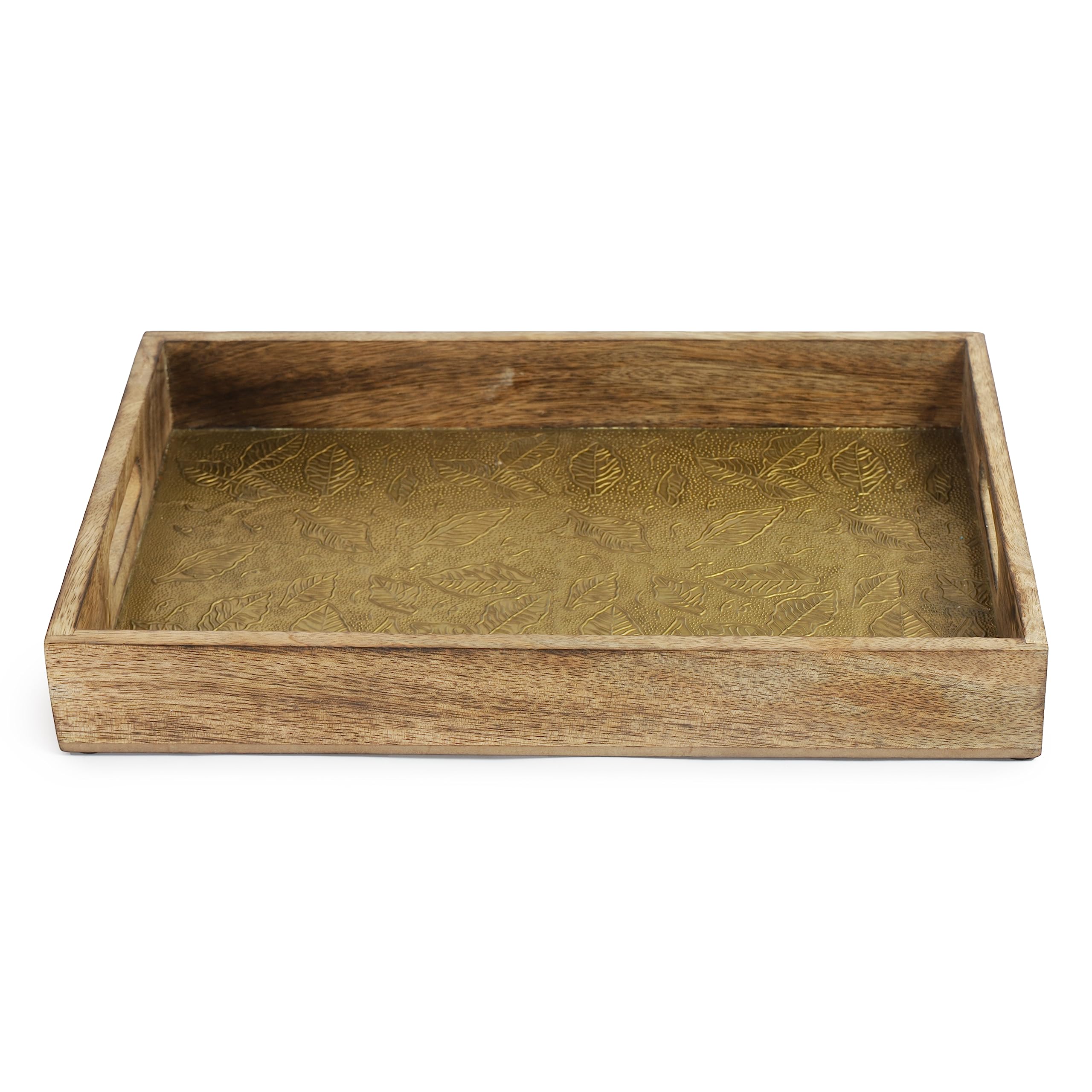Serving Tray with Metal Inlay- Wooden Tray with Handles - for Dinner Trays, Tea Tray, Bar Tray, Breakfast Tray, or Any Food Tray - Good for Parties or Bed Tray (Floral Tray - Large)