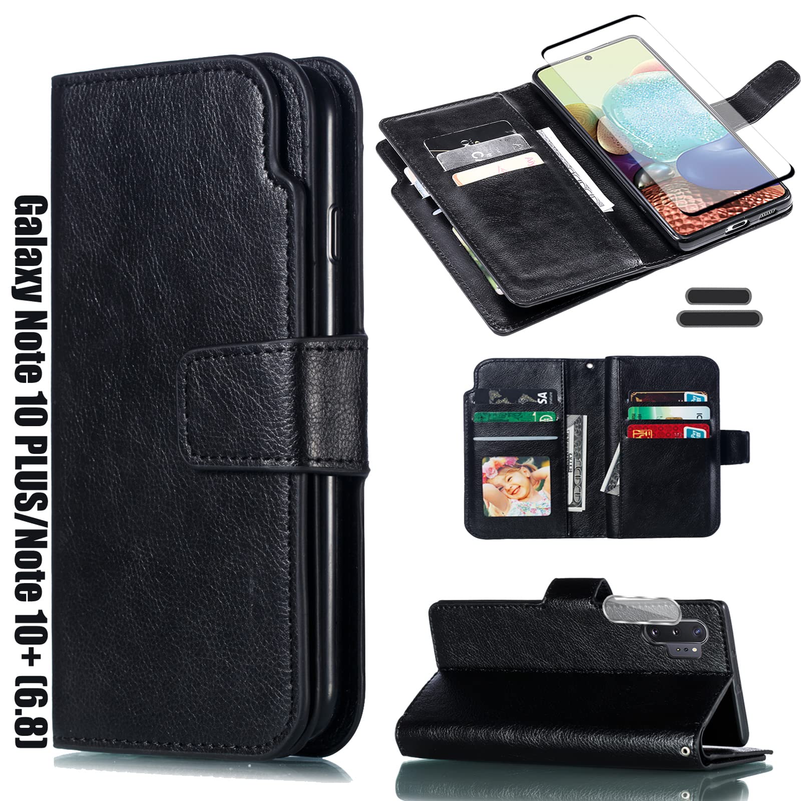 LMDAMZ for Galaxy Note 10 Plus/Note10+ 6.8 Inch Wallet Case [3+ Card Slots] ID Business Card Credit Card Slot Carry Pouch with Stand Double Sided Multi-Card Slot Folding PU Wallet Leather Case (Black)