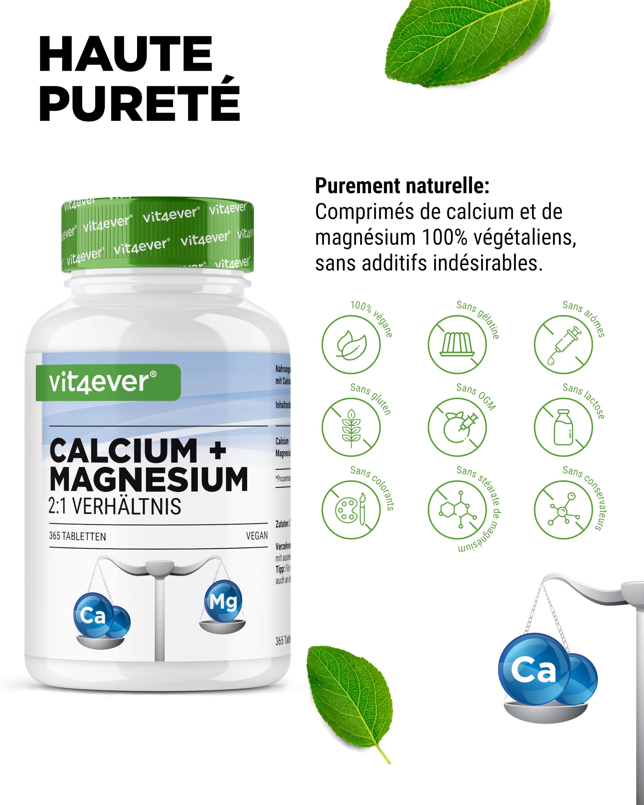 Calcium 800 mg + Magnésium 400 mg (2 comprimés) - 365 comprimés - 6 mois d'approvisionnement - Complexe de calcium + magnésium dans un rapport 2:1 - Végétalien - Fortement dosé.