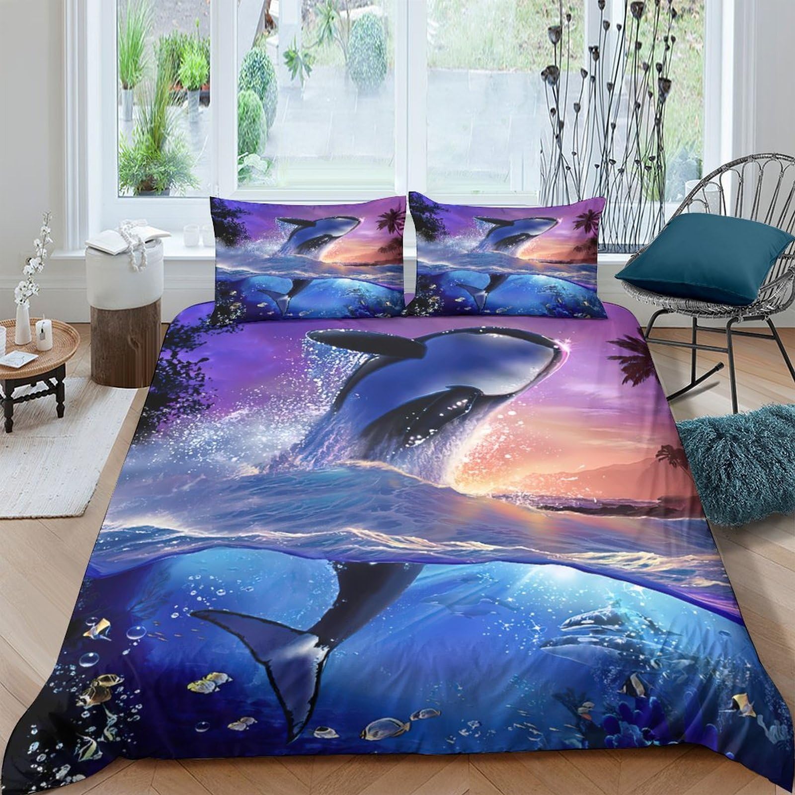 Ctjqhvkz Style-1 3D Printed Ocean Whale Fitted Sheet Microfiber Soft Breathable Sunset Sea Mattress Cover For Bedroom Dorm Decor Single（135X200cm）
