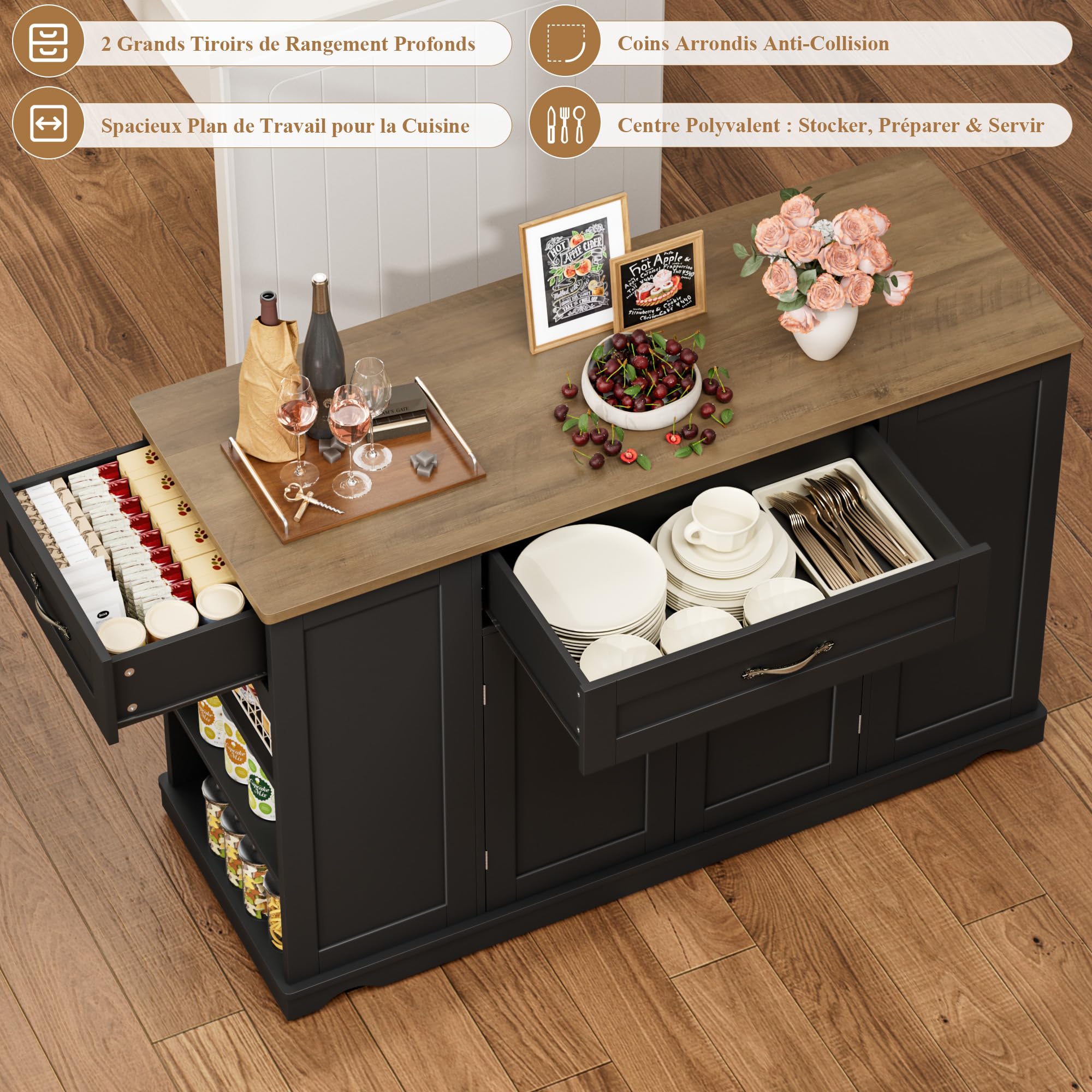 HOCSOK Îlot Central Cuisine sur roulettes, 120cm Desserte de Cuisine