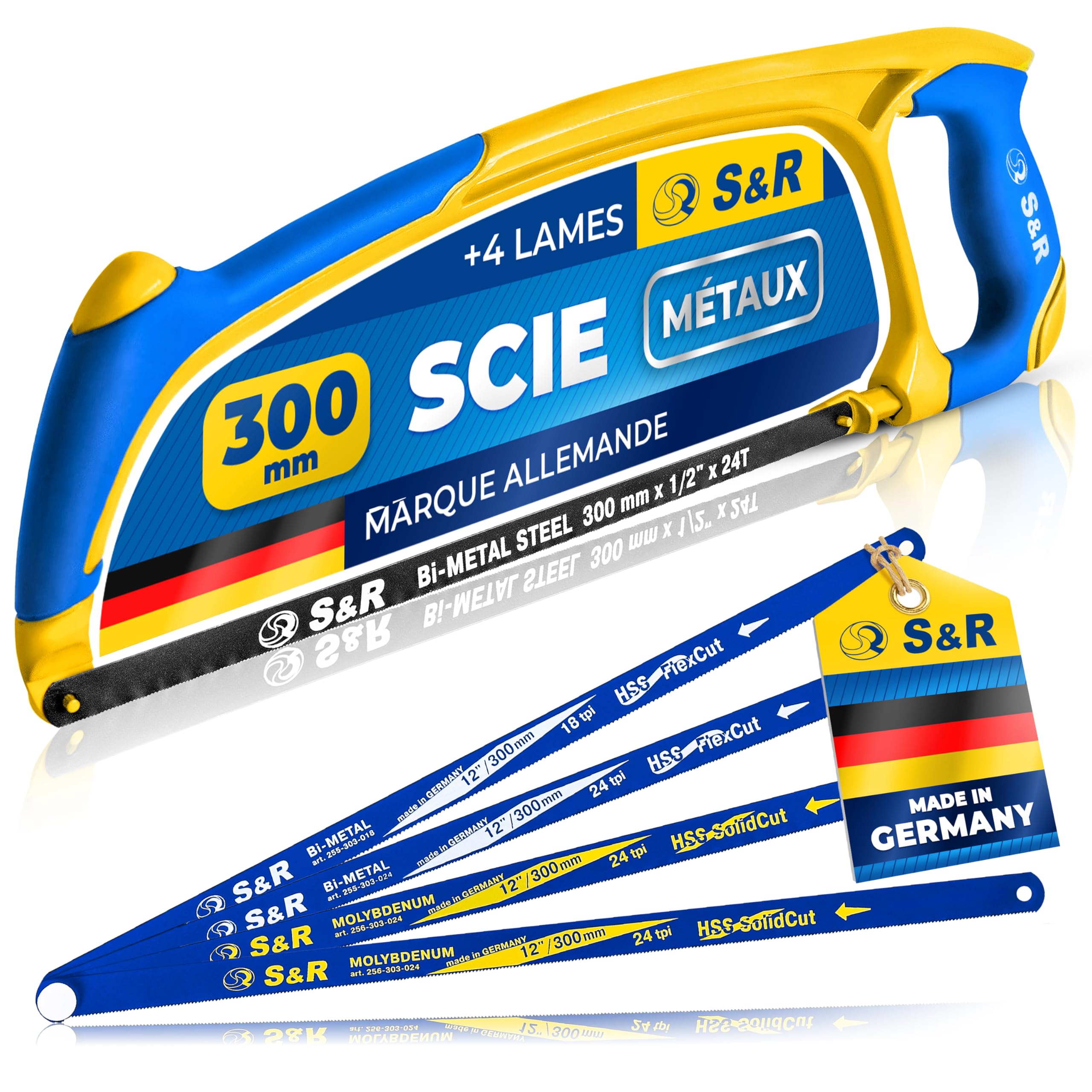 S&R Scie a Métaux et Bois avec 4 Lames Made in Germany. Scie à main Archet pour Bois et Metal. lames bi-métal molybdène 18/24 TPI