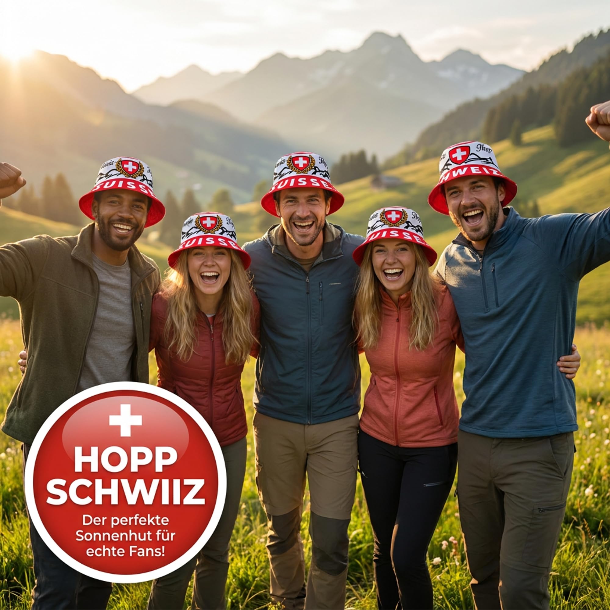 Generisch Suiza, Suisse, Schwiiz, sombrero para el sol, sombrero de pescador, sombrero militar, sombrero de cubo, azul, blanco, rojo, 59