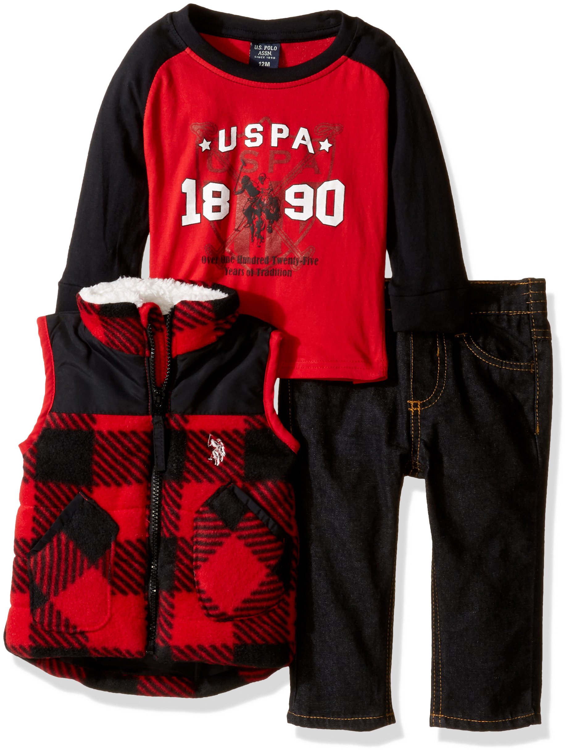 U.S. Polo Assn. Baby Boys' Polar Fleece and Taslon Vest, Long Sleeve T-Shirt and Denim Jean
