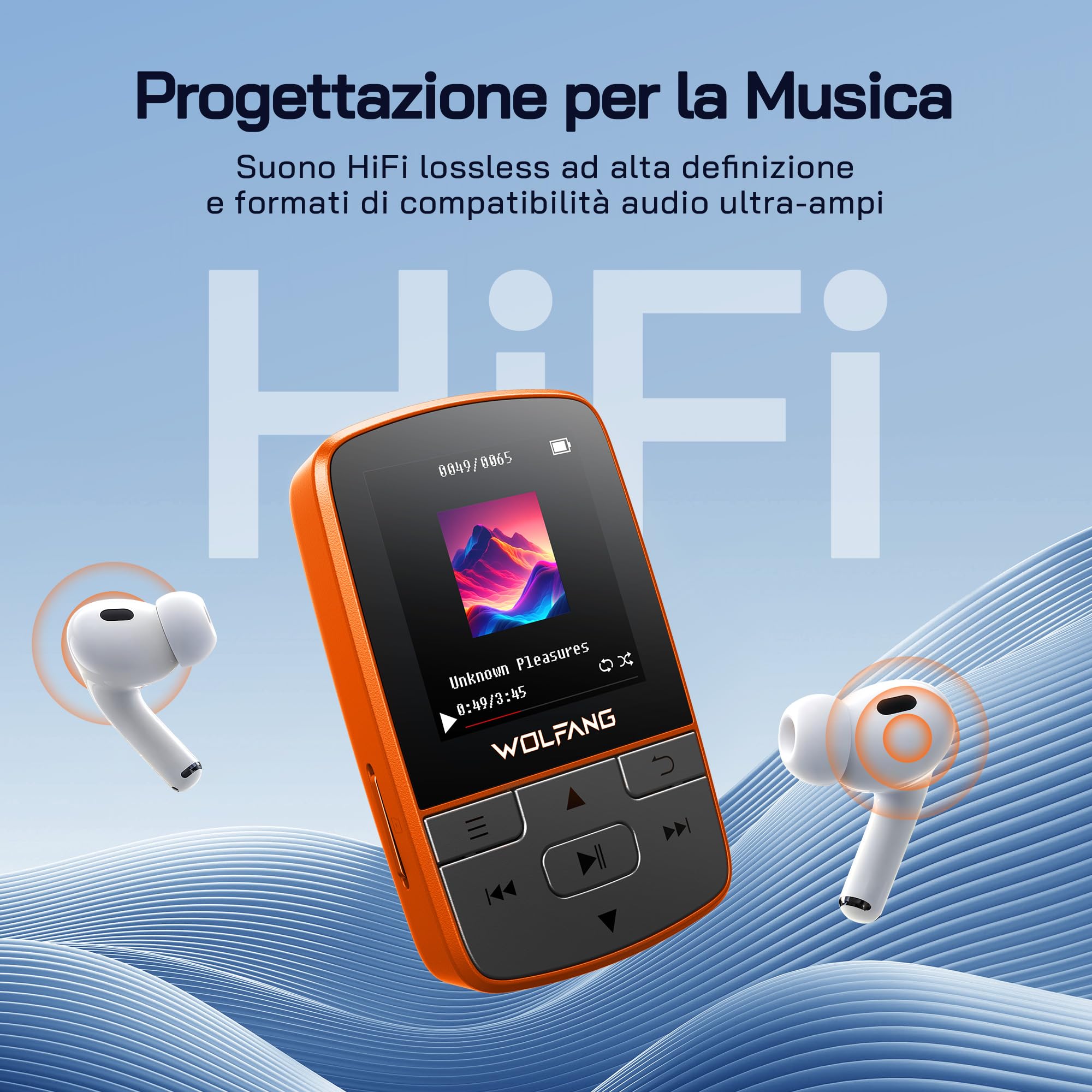 WOLFANG Lettore MP3 con Bluetooth 5.2, clip sportiva, formato mini, peso 28,3 g, radio FM HiF, registratore vocale, auricolari inclusi, arancione