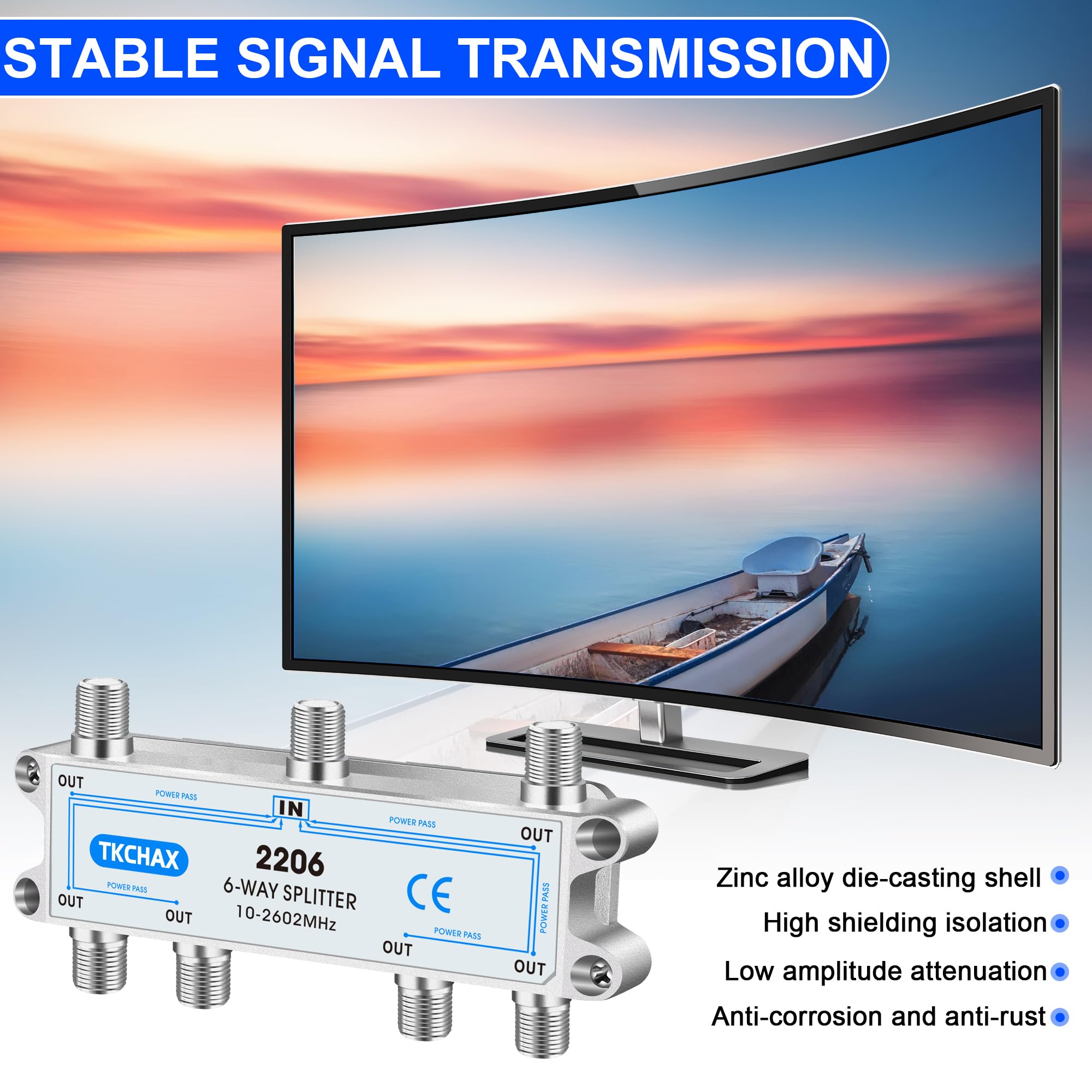 Divisor de Cable coaxial de 6 vías, Compatible con 10-2602 MHz, Compatible con RG6 RG59, Funciona con MoCA2.5 y MoCA3.0, CATV, TV por satélite, Antena, HDTV e Internet de Alta Velocidad