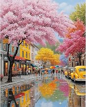 AIRDEA Street Scene Paint by Numbers for Adults, Cherry Blossom Trees Adult Paint by Numbers, Painting by Number Kits Canvas for Beginners for Gifts Home Wall Decor 16x20inch (No Frame)