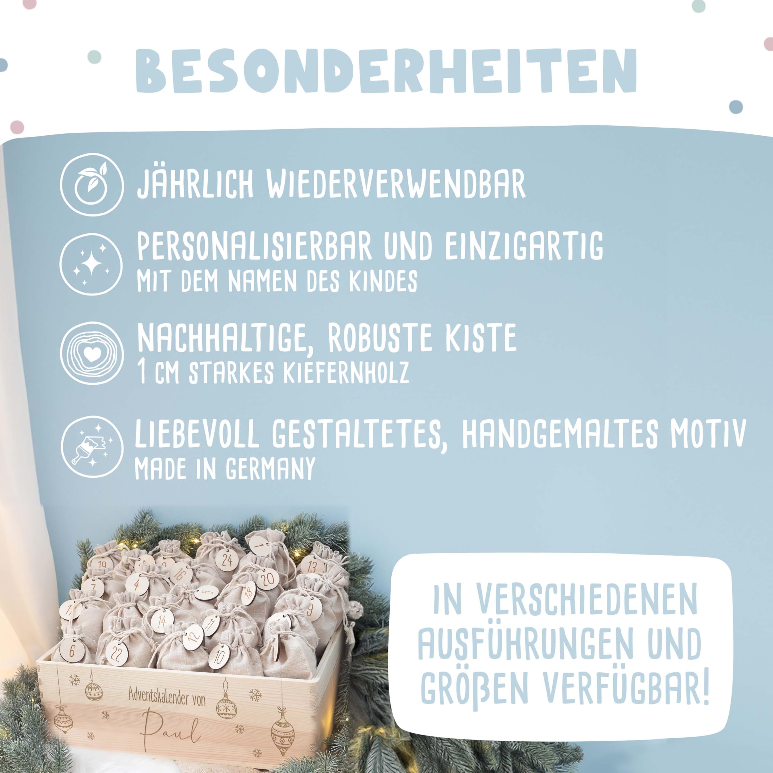 Personalisierte Adventskiste - Adventskalender aus Holz mit Namen - Gravur Kalender DIY - Weihnachtskalender für Kinder - hello mini (Weihnachtskugeln)