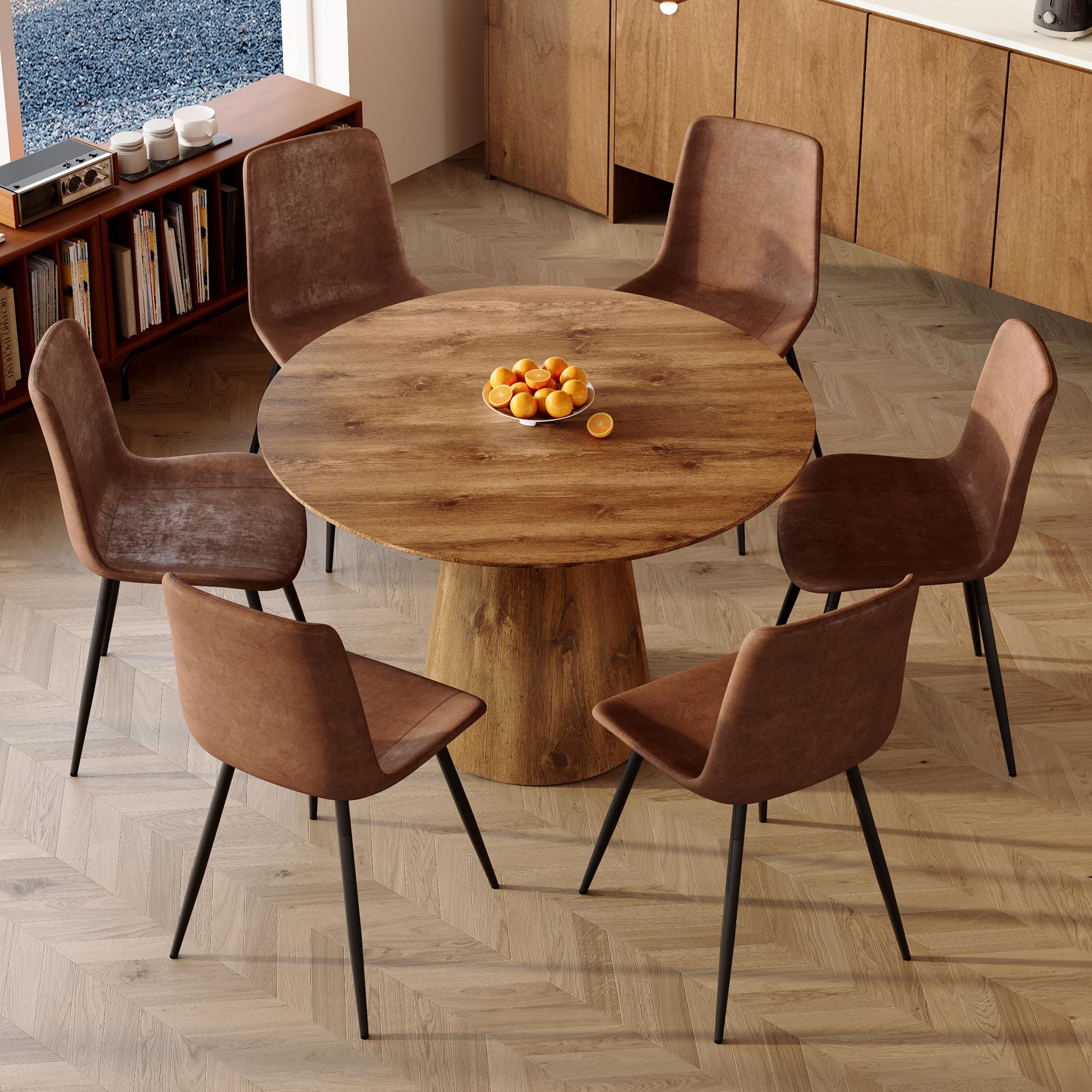Vohuai Round Dining Table Set for 6,45'' Farmhouse Dining Room Table Set for 6 with Suede Chairs,1" Thick Wood Pattern Tabletop with Conical Base,7