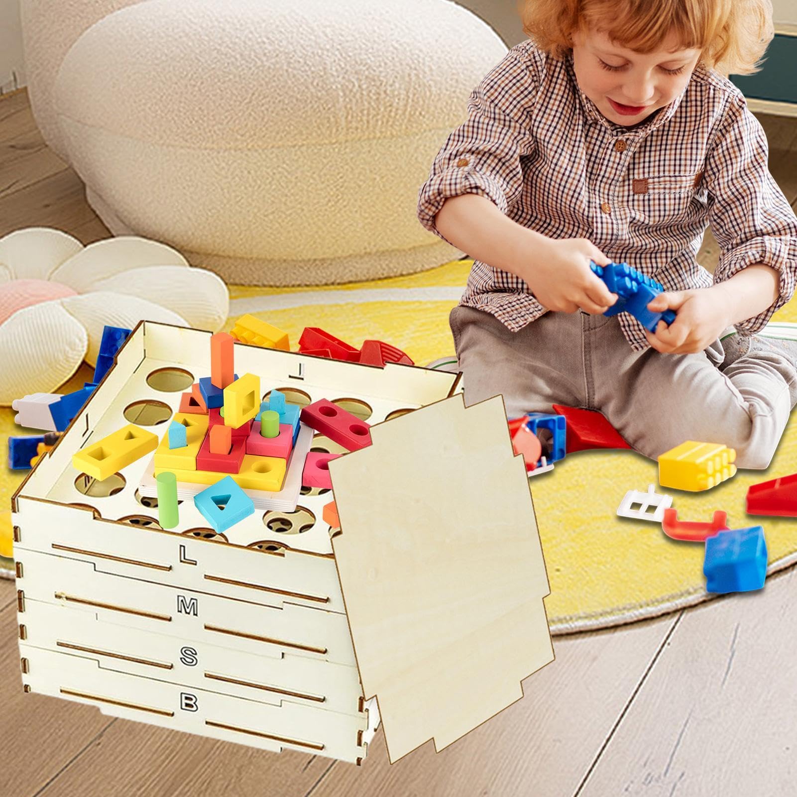 Genérico Wooden Building Bricks Sorter - Four Tray Storage Organizer Box