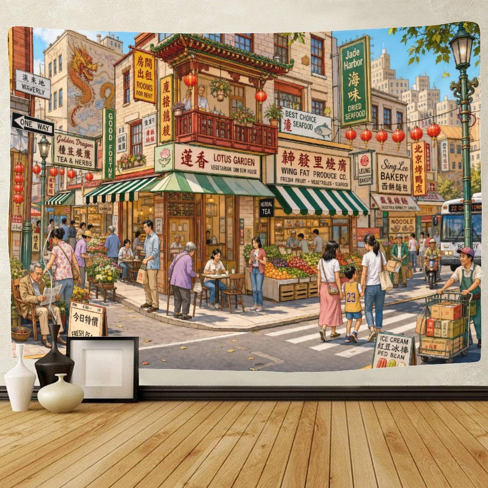 GPMNBCXZK Vintage Chinatown Street 3D Print Wall Tapestry Wall Hanging Decor Tapestries Home Decoration Curtain Living Room College Dorm 180cmx230cm
