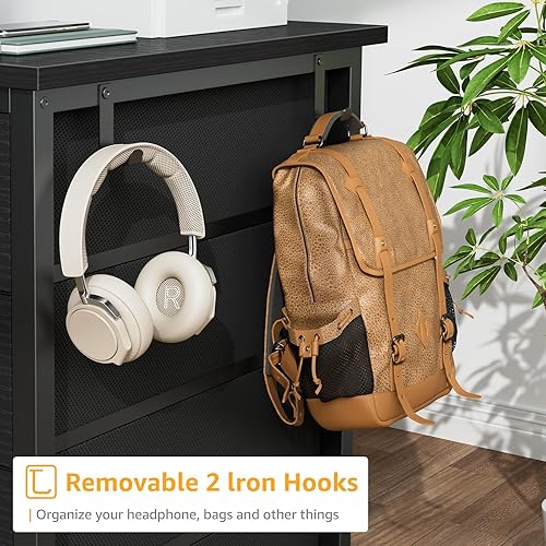 Miniatura 6 de Escritorio negro con cajones de tela en ambos lados, escritorio negro para juegos de 47 pulgadas, oficina en casa, computadora, estudio, escritura,