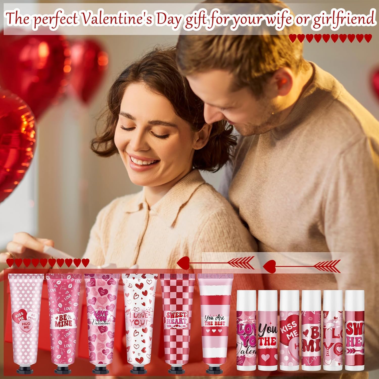 Loopeer 24 Sets Valentine's Day Hand Cream Lip Balm Gifts Bulk Galentine's Day Gift Valentine Party Favor Moisturizing Heart Hand Lotion Bulk Mini Dry Cracked Care Cream for Women Teacher Coworker