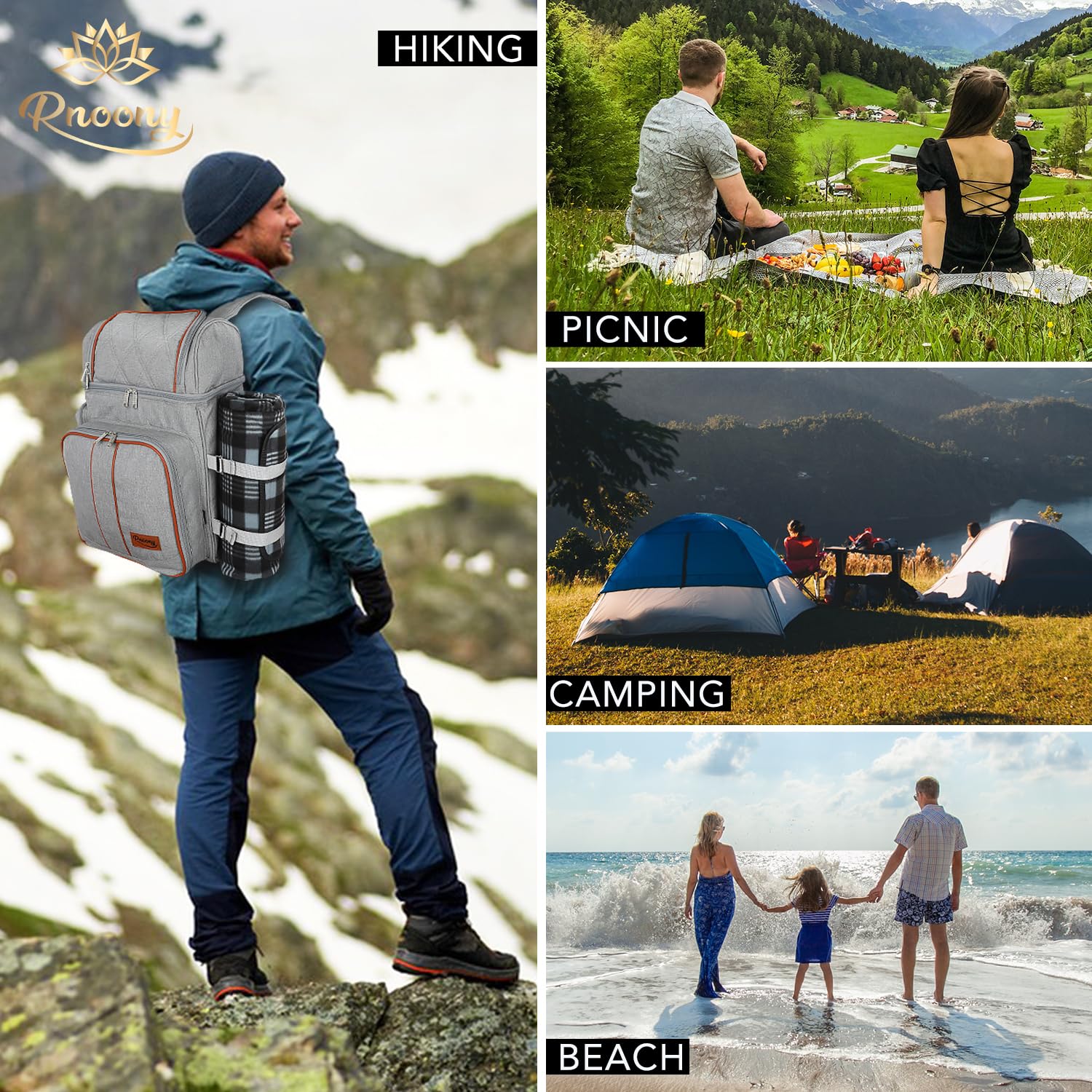 Rnoony Großer Picknickrucksack für 2, Picknickkorb für 2 mit isoliertem Kühler und Flaschentasche, Picknicktasche mit Leichter Decke und Besteckset für Familie, Paar und Wandern