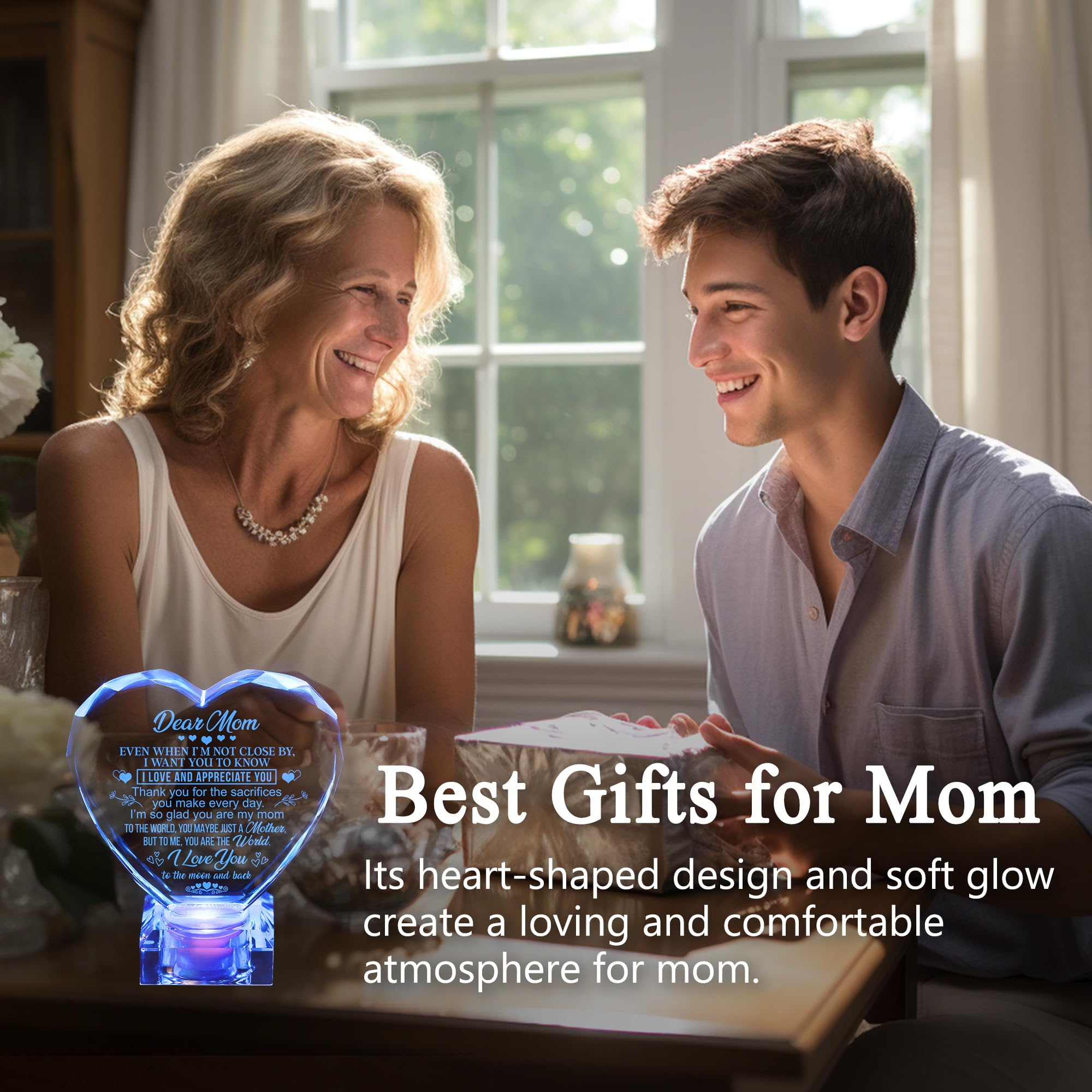 Cadeau unique pour maman, cadeau pour Noël, anniversaire, cœur en cristal gravé avec base LED rechargeable à changement de couleur, parfait pour maman de la part de sa fille et de son fils