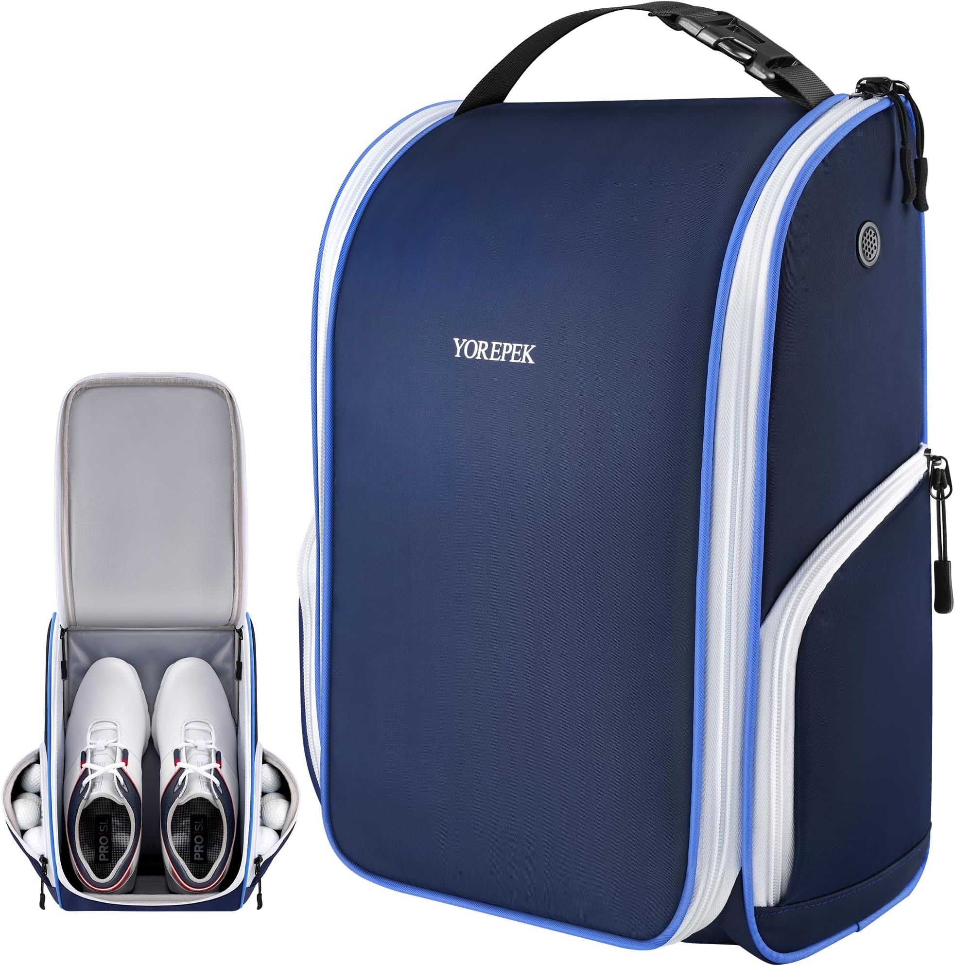 Golf Shoe Bag, with 3 Pockets for Socks, Gloves, Tees, Balls, Brush, Designed with a Buckle Top Carry Handle, Zippered Sport Shoe Carrier Bags with Ventilation for Travel, Dark Blue, Golf Shoe Bag
