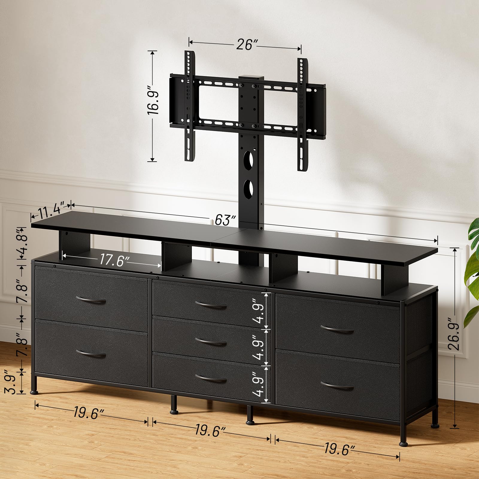 REAHOME TV Stand with Mount, 63" Entertainment Center for 32/45/55/60/65/70 inch TVs, Media Console Table with 7 Drawers, Height Adjustable Mount, Dresser TV Stand for Living Room, Carbon Fiber Black