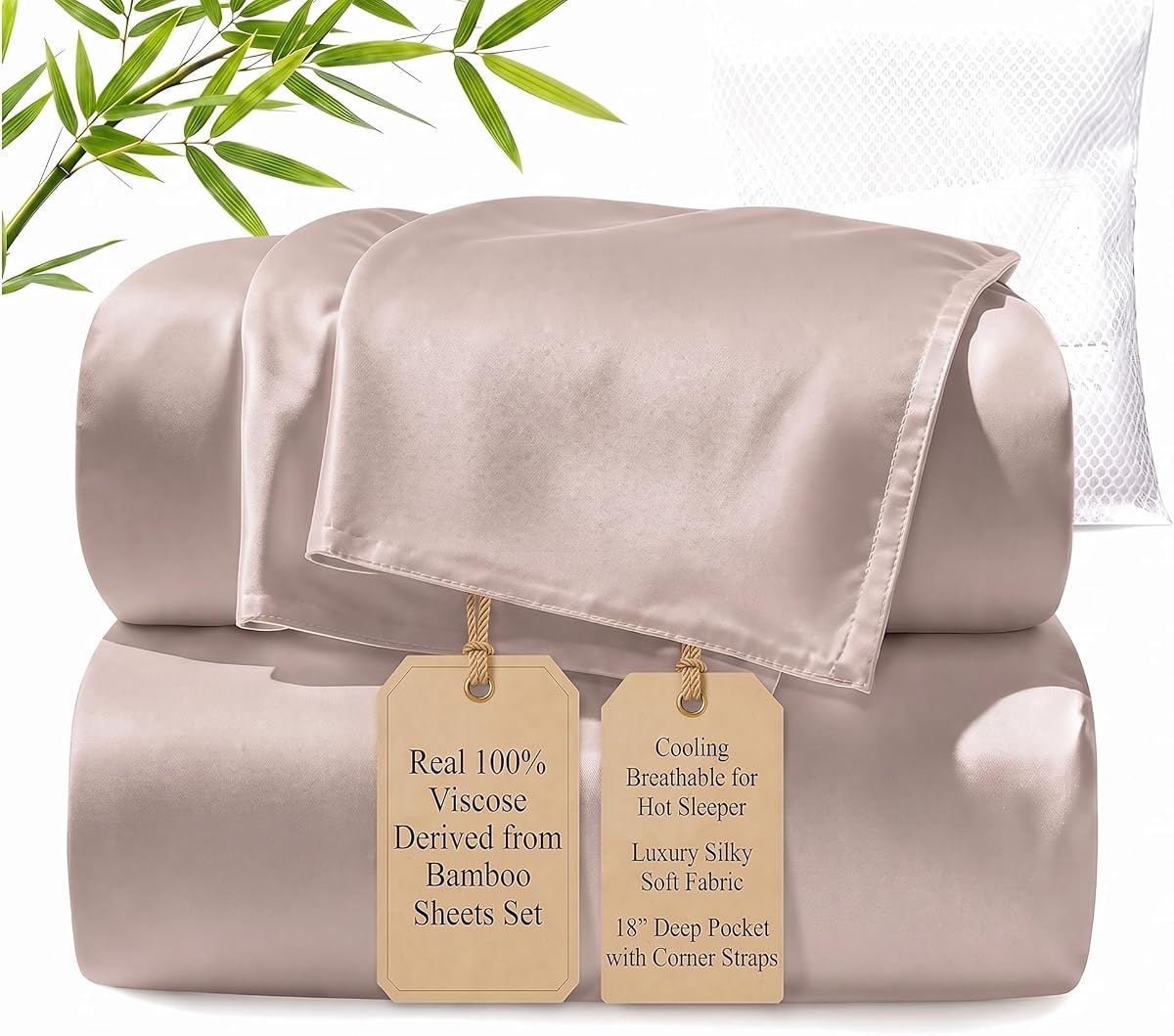 TWK Real 100% Viscose Derived from Bamboo Sheets Set King Size, Cooling & Silky Soft for Hot Sleeper, Breathable & Moisture Wicking Fabric, 18" Deep Pocket with Corner Straps (Sand, King)