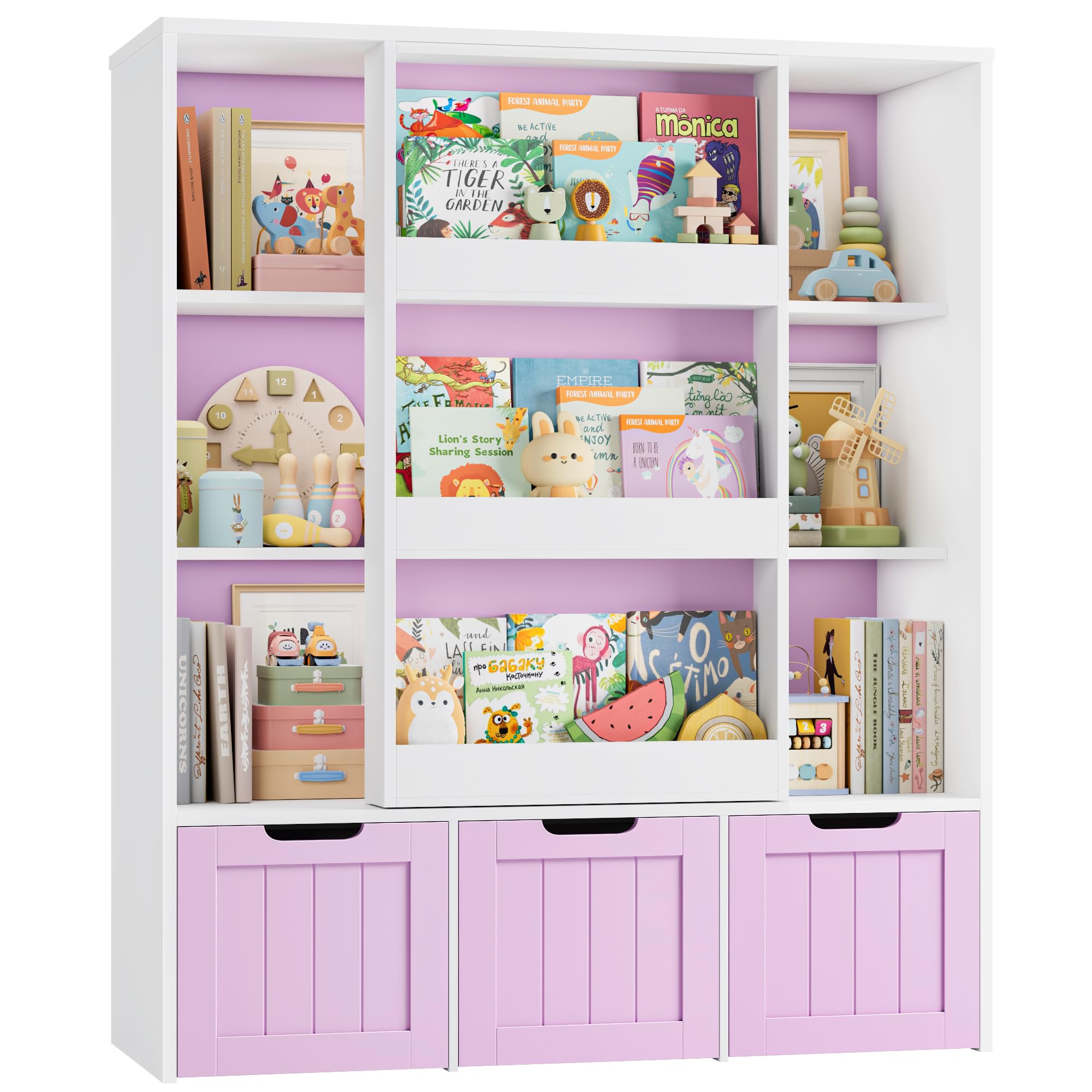 FOREHILL Kinderregal mit Boxen auf Rollen Bücherregal für Kinder & Erwachsene Kinderzimmer Möbel mit Schiebtür Kinderbücherregal Spielzeugregl Aufbewahrungregal Kinderschrank Flieder 120,5x100x37cm