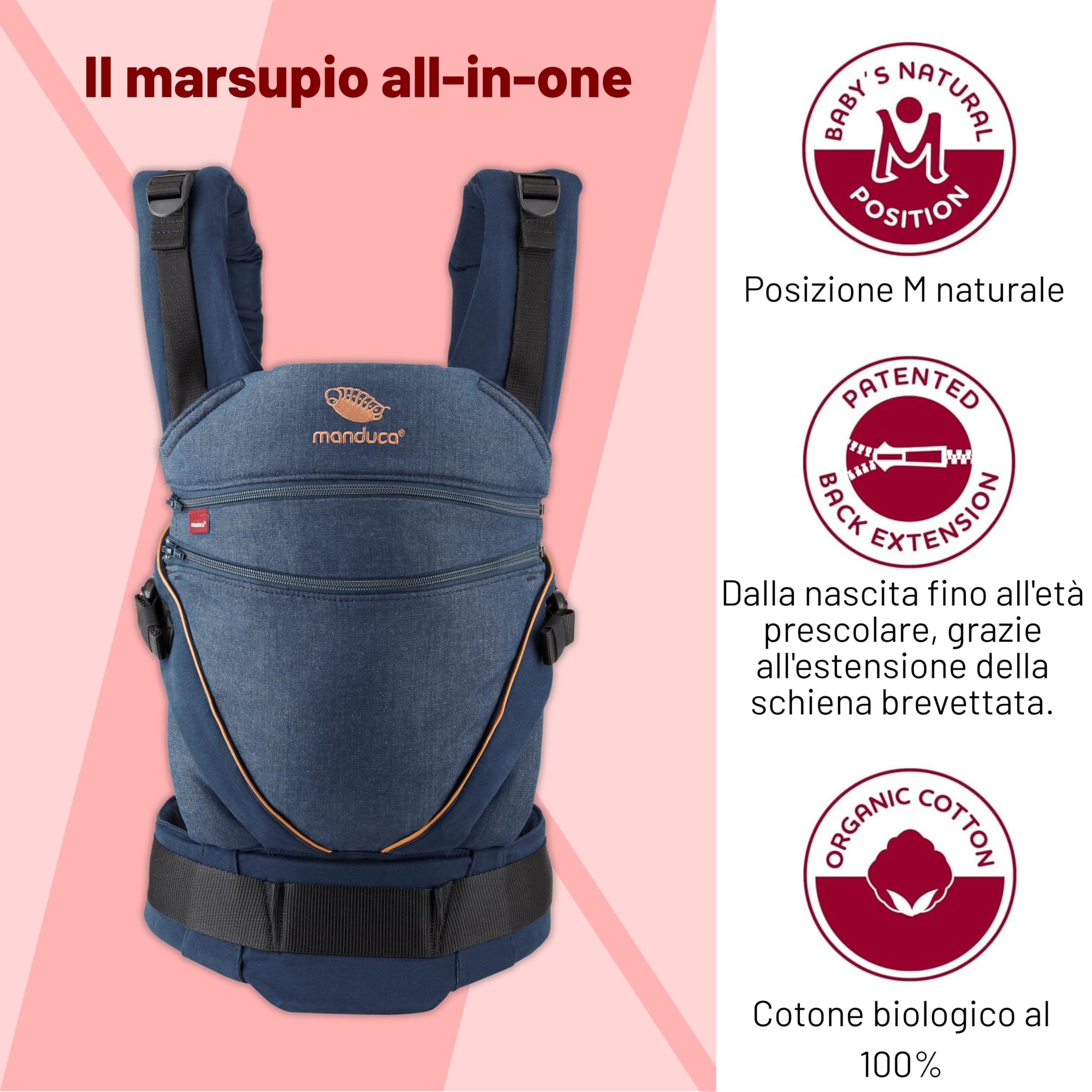 manduca XT Baby Carrier > Uno per Tutti < Marsupio Ergonomico e Flessibile con Seduta Regolabile, Neonati dalla Nascita e Bambini fino a 20kg, Cotone Biologico (denimblue-toffee/jeans blu-caramello)