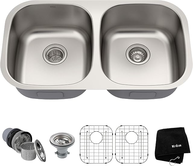 Kraus KBU22 32 inch Undermount 50/50 Double Bowl 16 gauge Stainless Steel Kitchen Sink