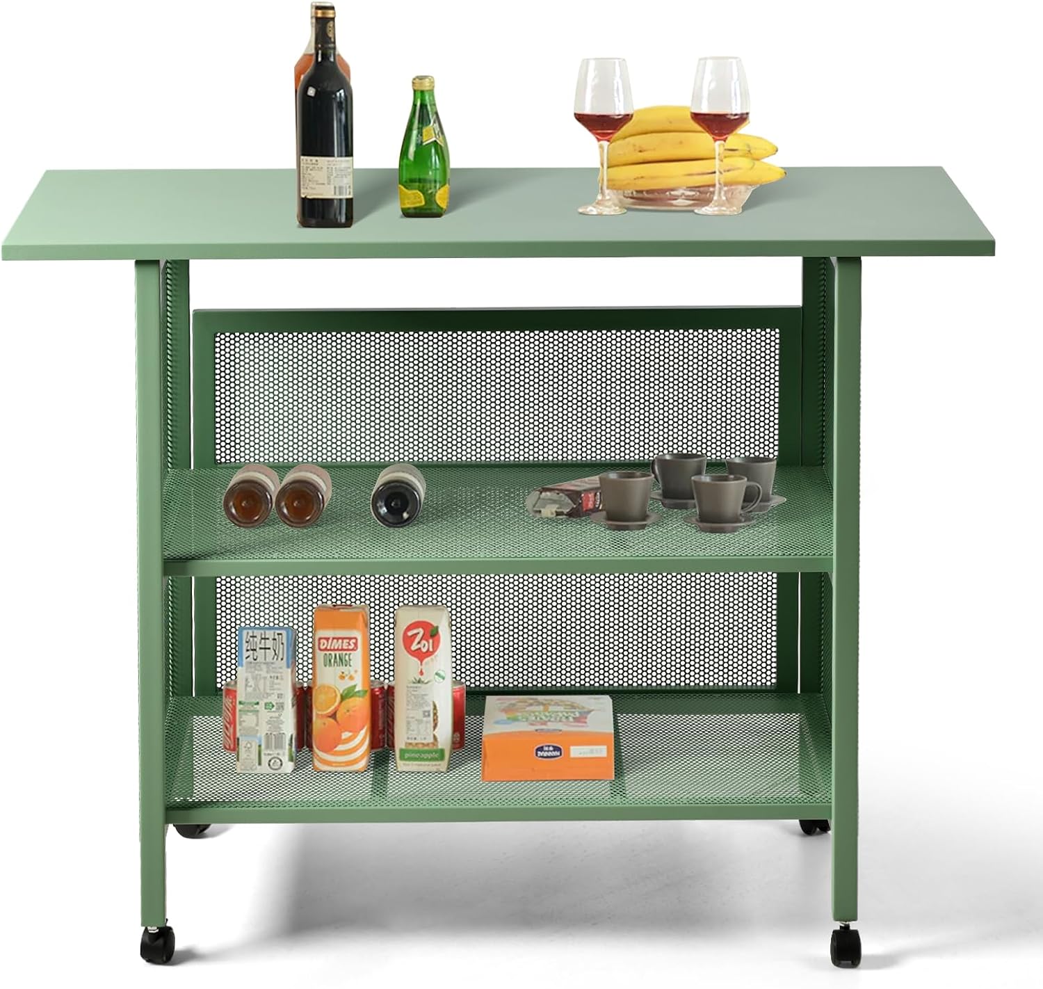 3-Tier Mesh Kitchen Cart with 47.2"x19.7" Top Shelf,Heavy Duty Metal Frame, Rubber Wheels for Easy Mobility, Ideal for Home, Kitchen, Restaurant, Bar Storage and Serving (Fresh Green)