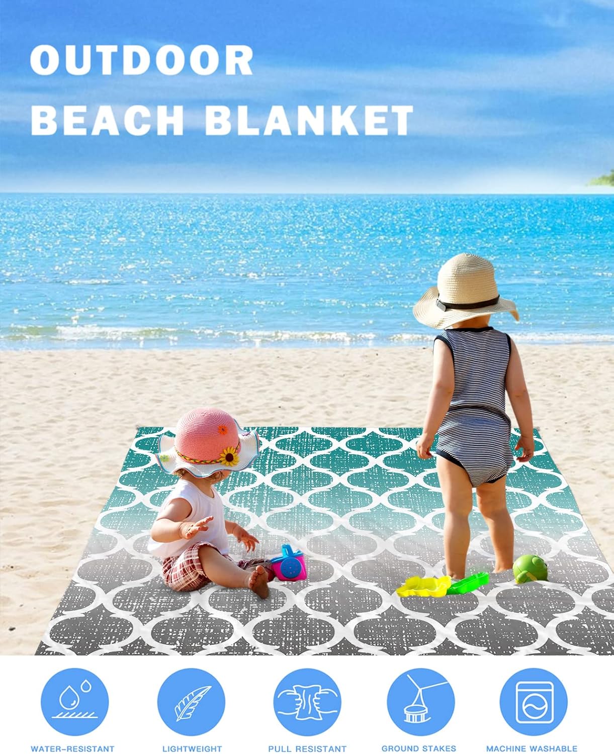 Morocco Modern Ombre Turquoise Grey Beach Blanket Waterproof Sandproof Outdoor Picnic Mat 83"x79" Abstract Lightweight Large Beaach Blankets with 4 Stake & 4 Corner Pockets